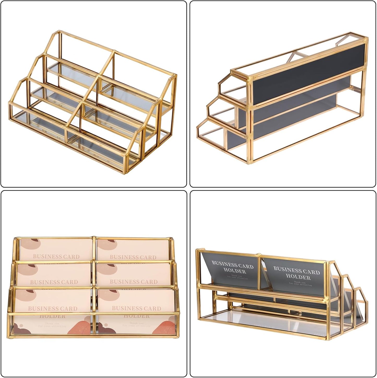 Hipiwe Gold Metal Desk Business Card Holder Glass Name Card Display Organizer 3 Tiers 6 Slot Business Card Stand for Exhibition Office Desktop