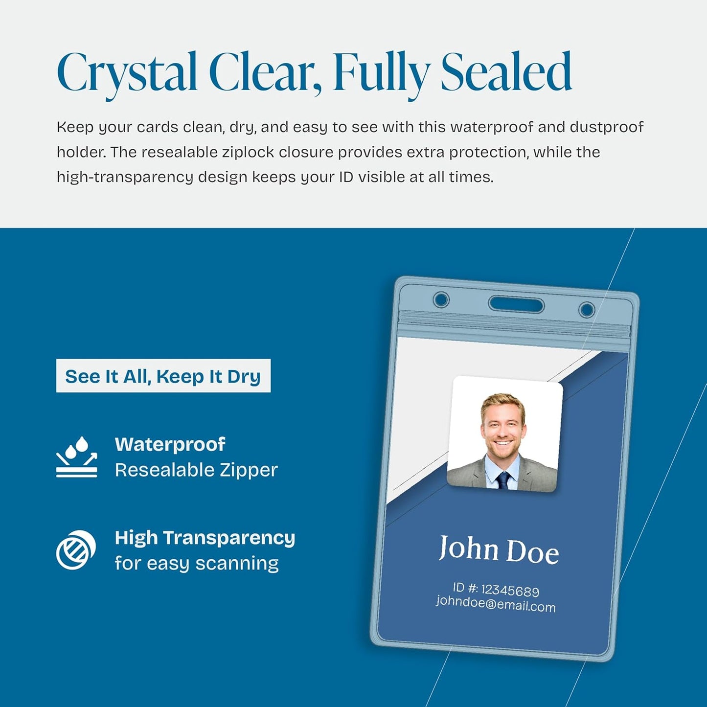 Will Well ID Badge Holders with Holes for Lanyards and Keyrings - Vertical Clear Plastic 2.6" x 3.7" Inner Size Sleeves Fit Up to 3 Cards, 0.8mm Thick Waterproof Resealable Zip Type - 50-Pack