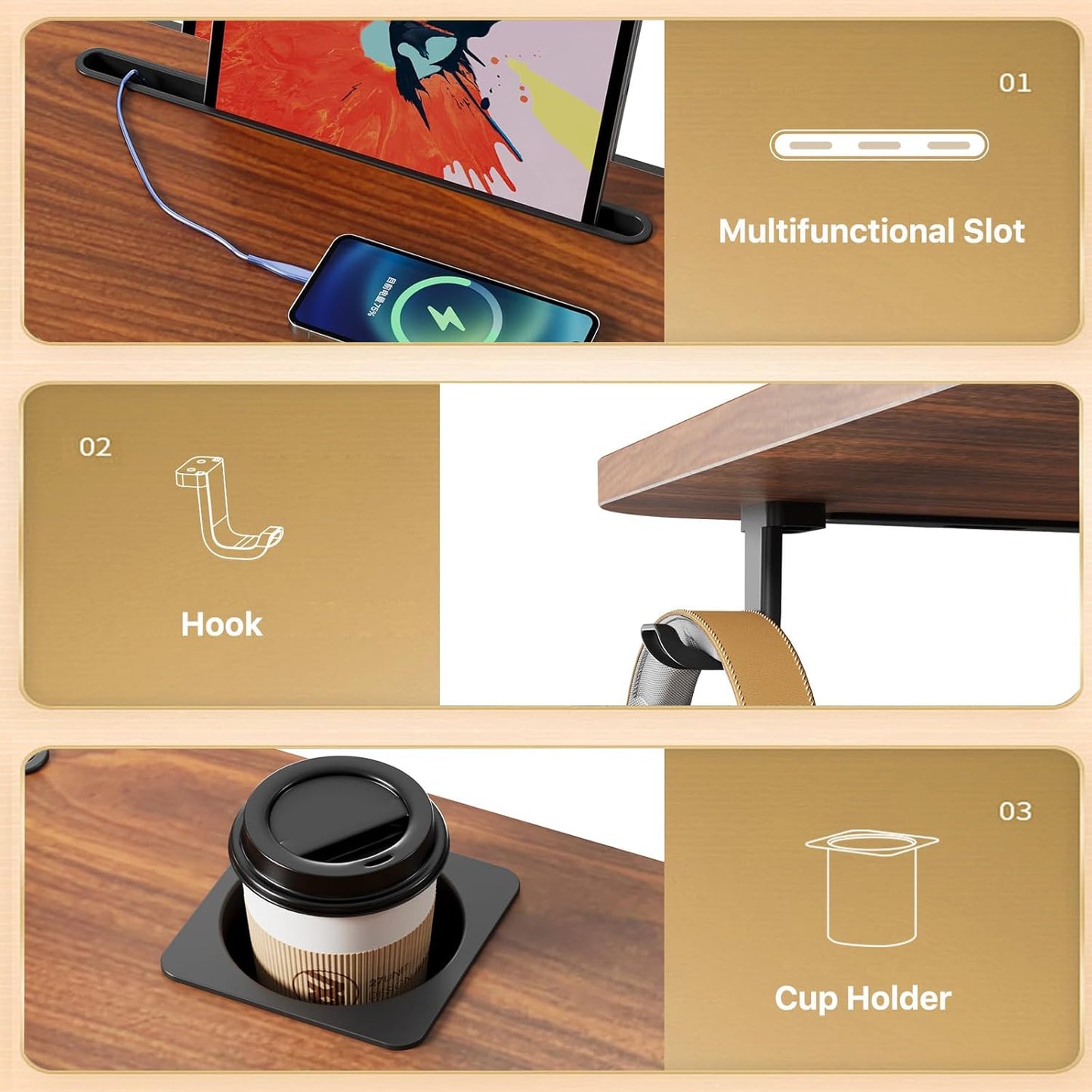 Mobile Standing Desk, Rolling Laptop Cart Adjustable Height with Cup Holder, 28 inch Portable Table with 4 Lockable Wheels, Walnut Computer Workstation with Hook and Slots for Home Office