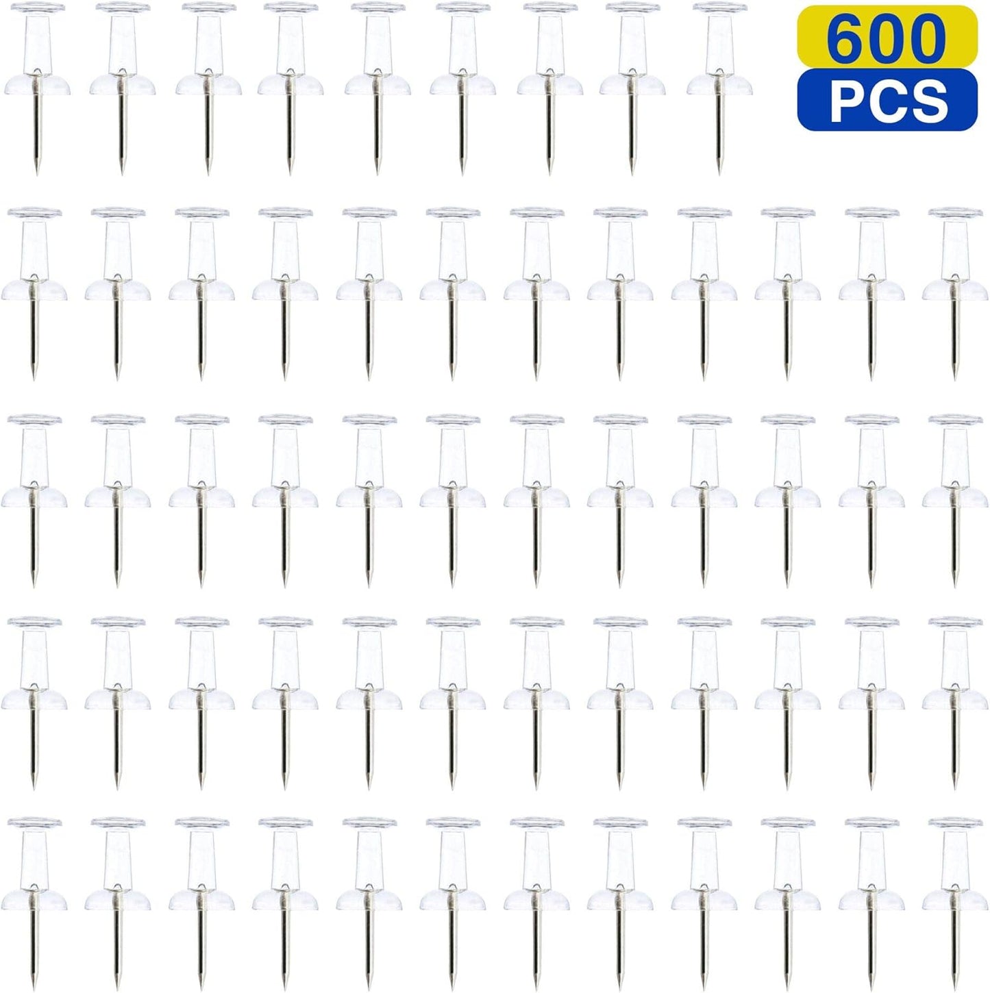 Clear Push Pins 600pcs Standard Thumb Tacks Steel Point Transparent Plastic Head Pins for Hanging Photo Posters Craft Marking Map Wall Cork Board