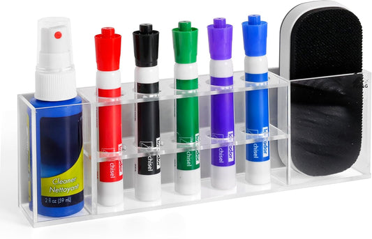 Slim Magnetic Dry Erase Marker Holder for Whiteboard, Space Saving Pen Organizer with Glass and Wall Mount Accessories for Fridge, Office, and School. Markers, Eraser, Cleaner Not Included (Clear)