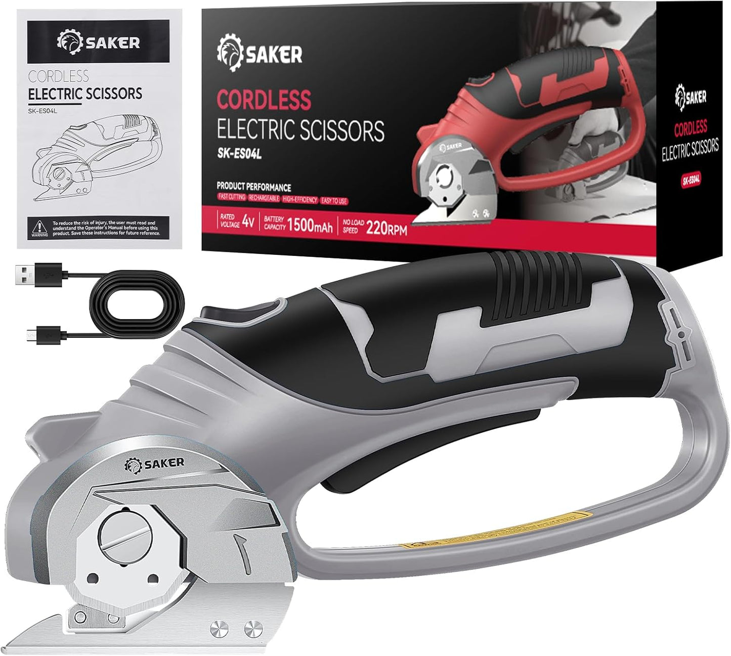 Saker Electric Box Cardboard Cutter,Cordless Elwetric Scissors for Fabric Leather Paper Plastic - Card Board Cutter Tool with 4V Recharged Battery - Safety Lock and LED Light for Cutting,Grey