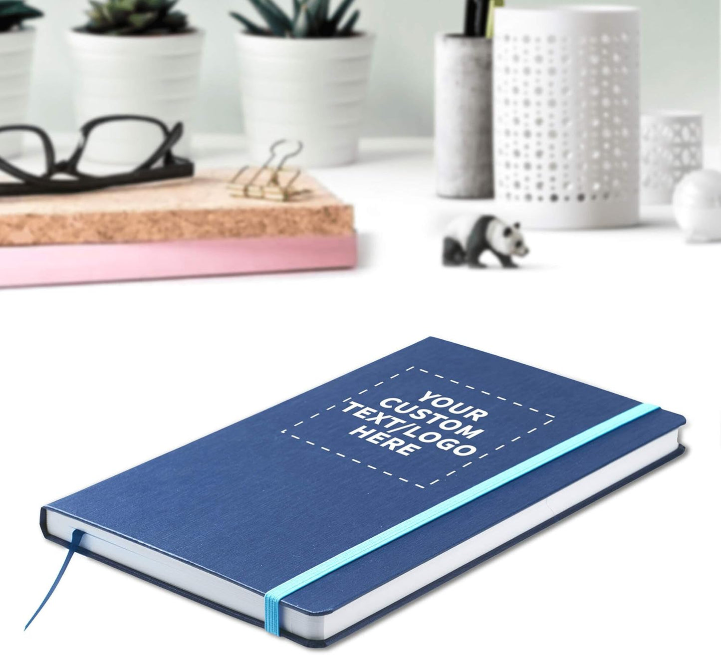 DISCOUNT PROMOS Custom Hardcover Notebook Journals with Elastic Colored Band Set of 24, Personalized Bulk Pack - Perfect for School, Office, Home - Blue