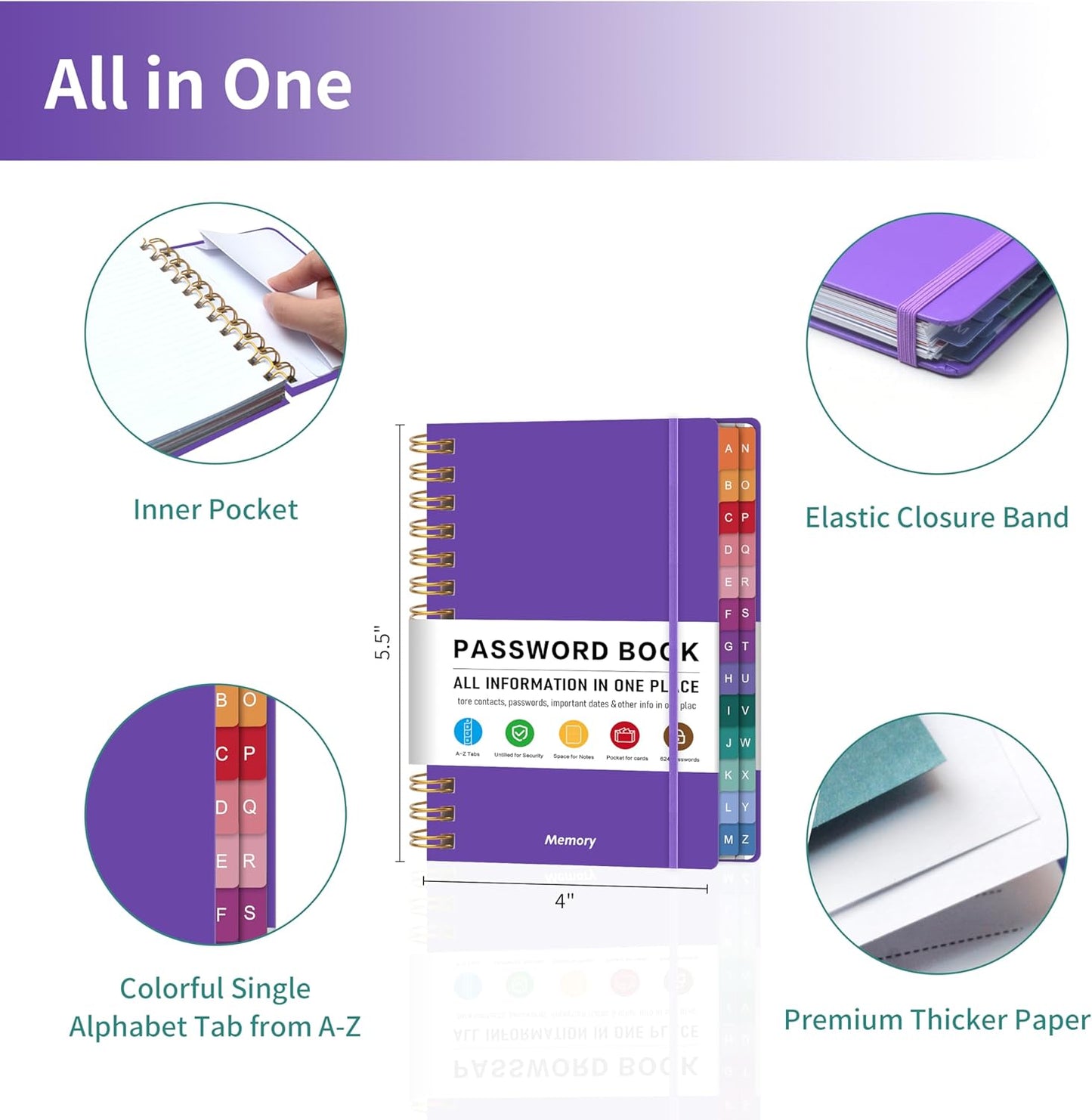 Spiral Password Book with Alphabetical Tabs – 4" X 5.5" Small Password Keeper Book with Inner Pocket for Seniors , Large Print, Hardcover, 468 Logins – Internet Password Organizer Notebook for Home & Office Use