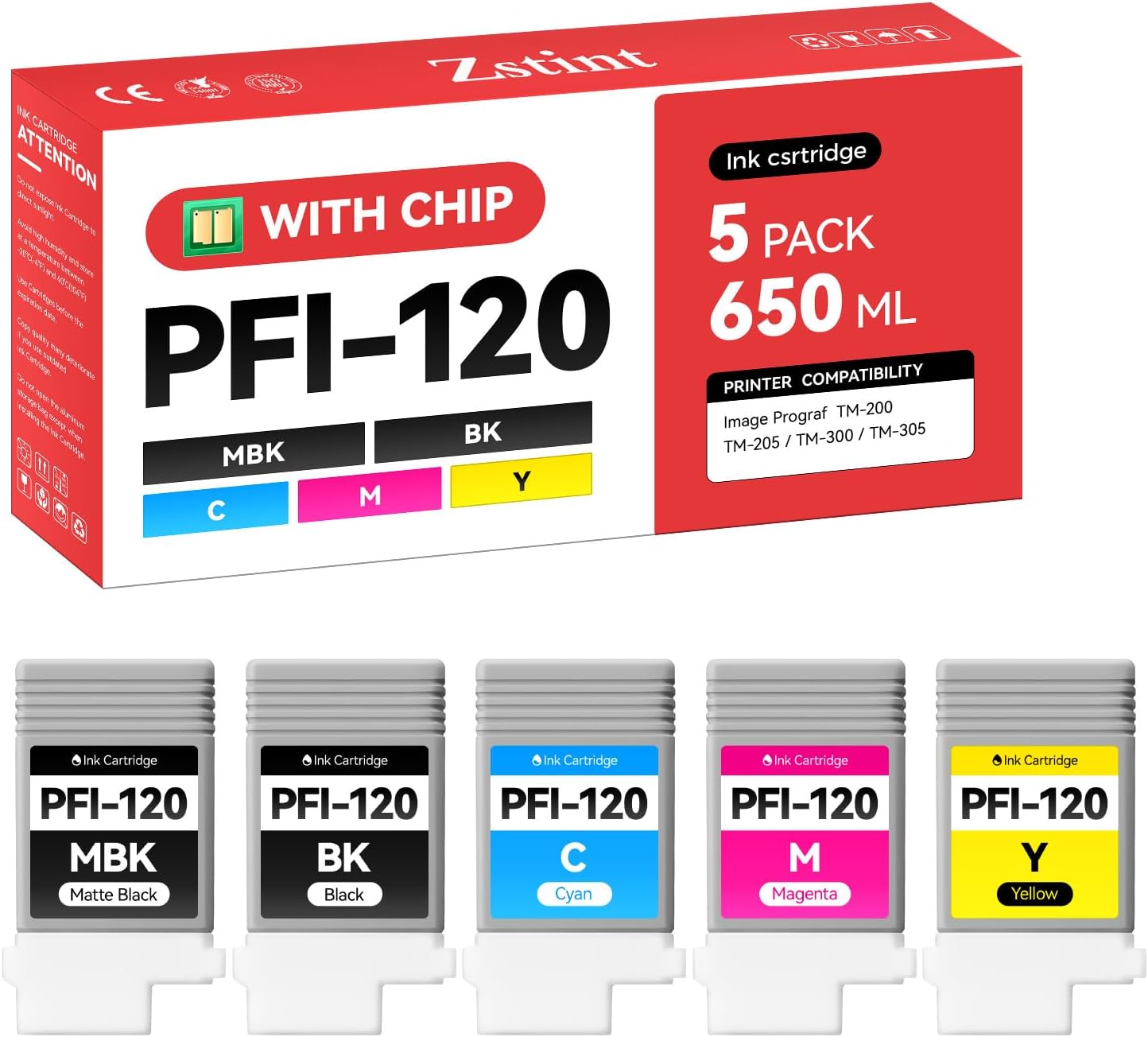 PFI-120 Pigment Ink Tank Set 5-Pack 130ml High Capacity Replacement for Canon PFI-120 PFI120 Ink Cartridges Compatible with Canon imagePROGRAF TM-200 TM-205 TM-300 TM-305 Printer Black Yellow Magenta