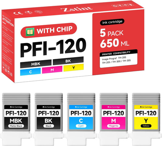 PFI-120 Pigment Ink Tank Set 5-Pack 130ml High Capacity Replacement for Canon PFI-120 PFI120 Ink Cartridges Compatible with Canon imagePROGRAF TM-200 TM-205 TM-300 TM-305 Printer Black Yellow Magenta