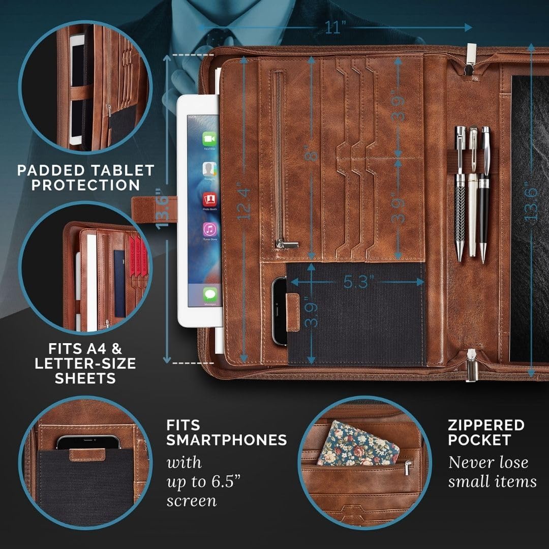 NERO MANETTI- Zippered Vegan Leather Padfolio/Portfolio Pad Holder-Business PU Leather Notepad Folder for Resumes, Interviews, iPad/Tablet, Phone, Legal Pad Notebook Executive Binder for Women, Men