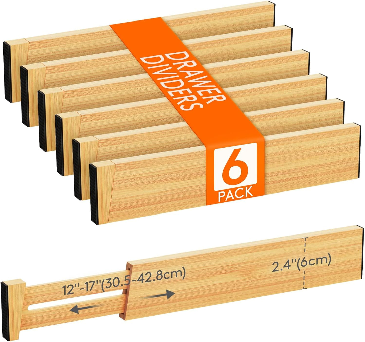 Lifewit 6 Pack Drawer Dividers Bamboo 2.4" High, 12-17" Adjustable Drawer Organizers for Clothes, Wooden Dresser Separators in Bedroom/Bathroom/Kitchen/Fridge/Office Organization and Storage