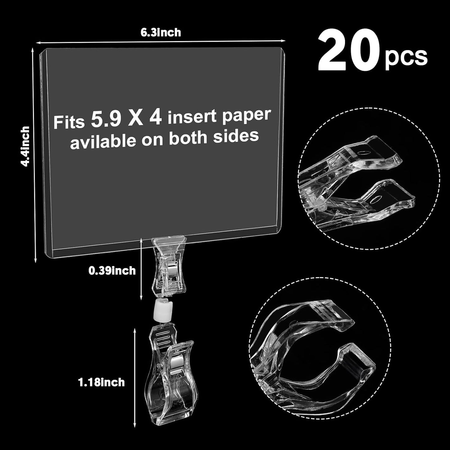 Epakh 20 Pieces Sign Clips Rotating Price Tag Clip Swivel Sign Holder for Handrails or Tubes with 20 Pieces Hard Card Sleeves PVC Card Protector for Shelves Store Supermarket(Double Sided Clips Style)