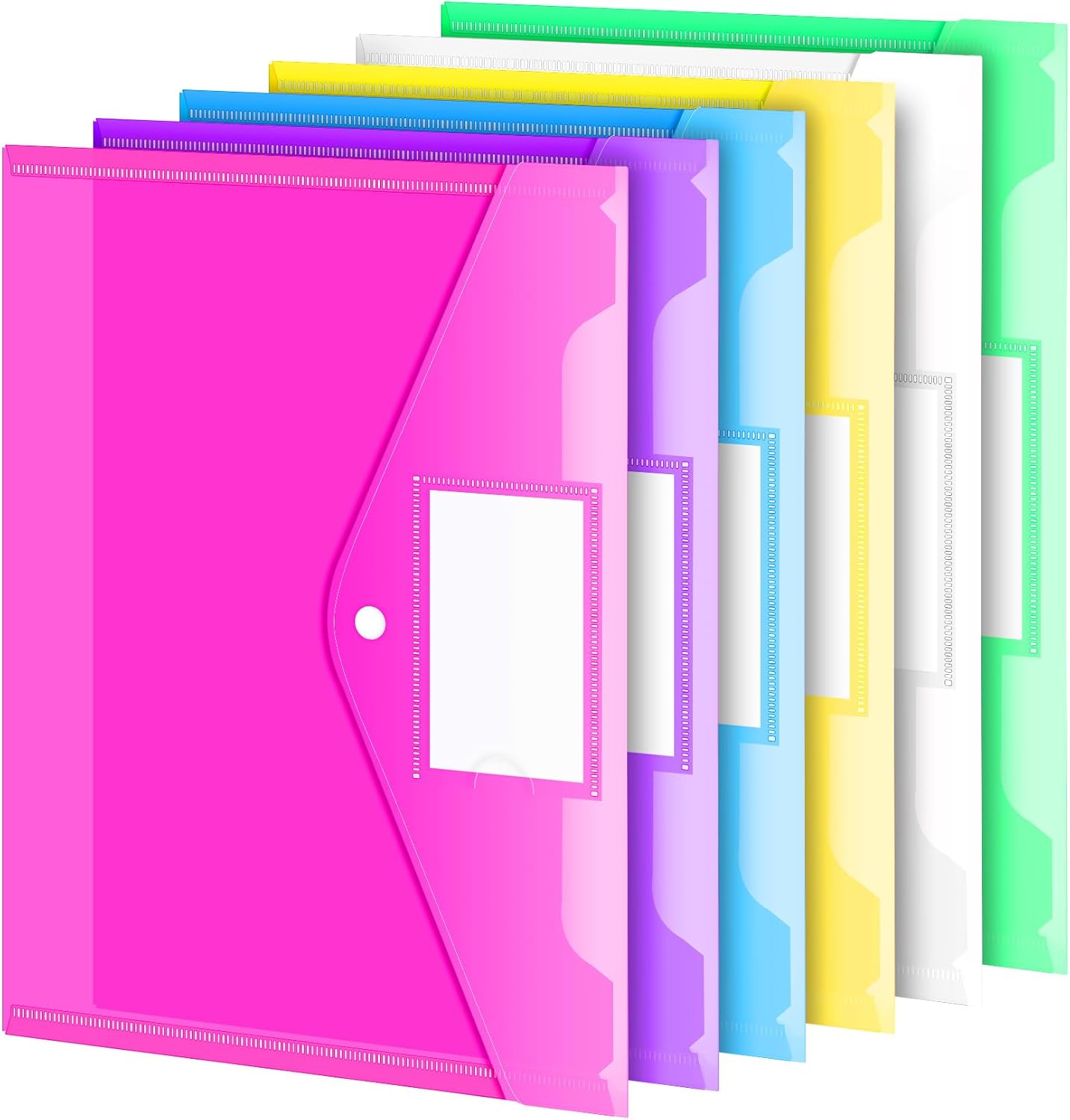 Sooez 6 Pack Folders Plastic Envelopes, Clear Plastic File Folder for Document, Letter A4 Size Poly File Envelopes with Label Pocket, Snap Button for Home Work Office Organizer, 6 Colors