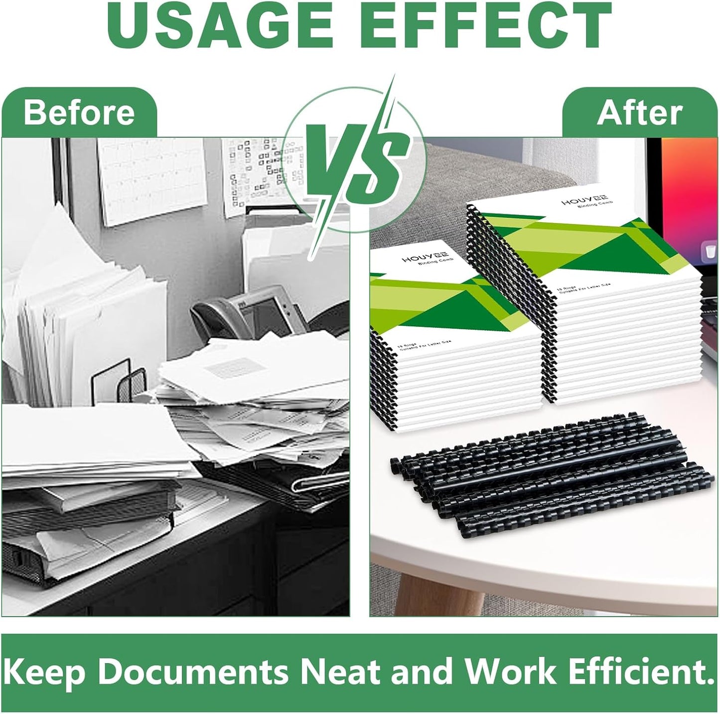 HOUYEE 1/2 Inch Plastic Binding Comb 19 Ring, 90 Sheet Capacity, Letter Size Black Comb Binding Spines (100 Pack)