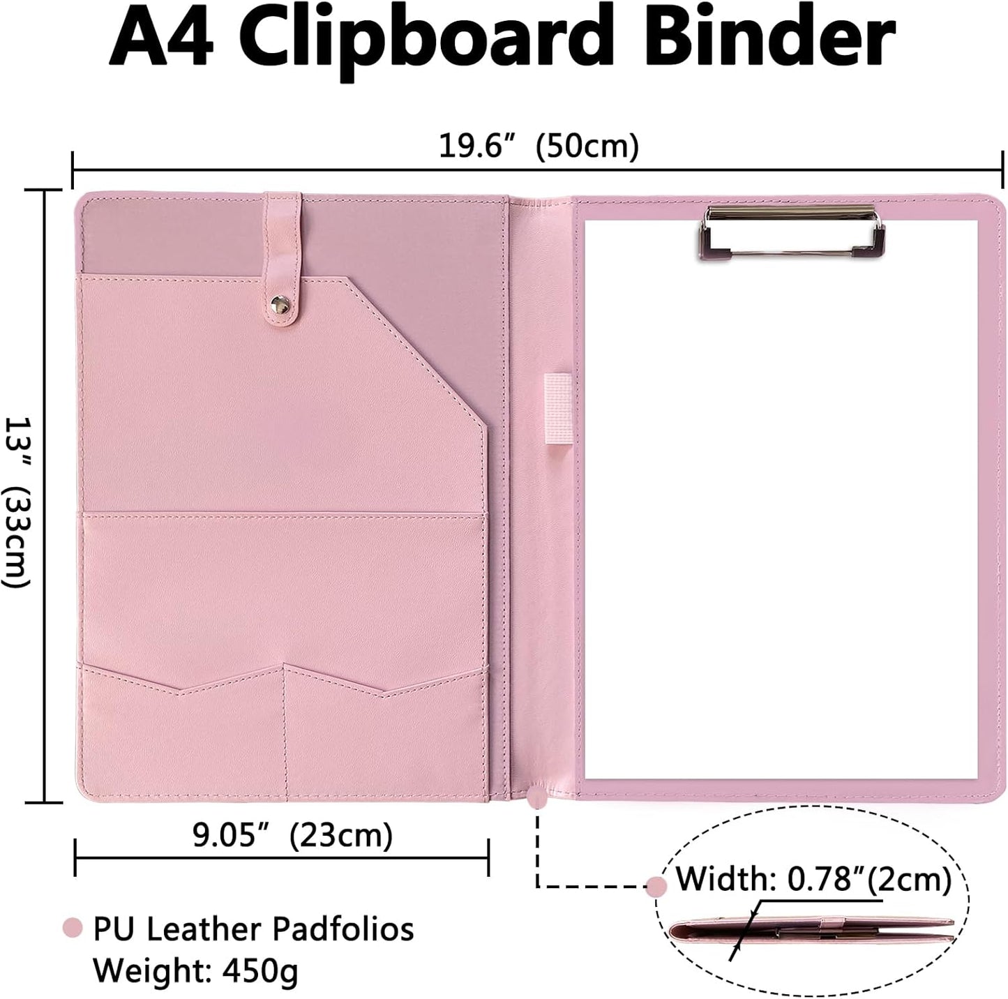 Portfolio Folder Padfolio with A4 Clipboard, PU Leather Portfolio Clipboard Business Binder Writing Clip Board Organizer for Legal Documents Business Card Men Women Pink