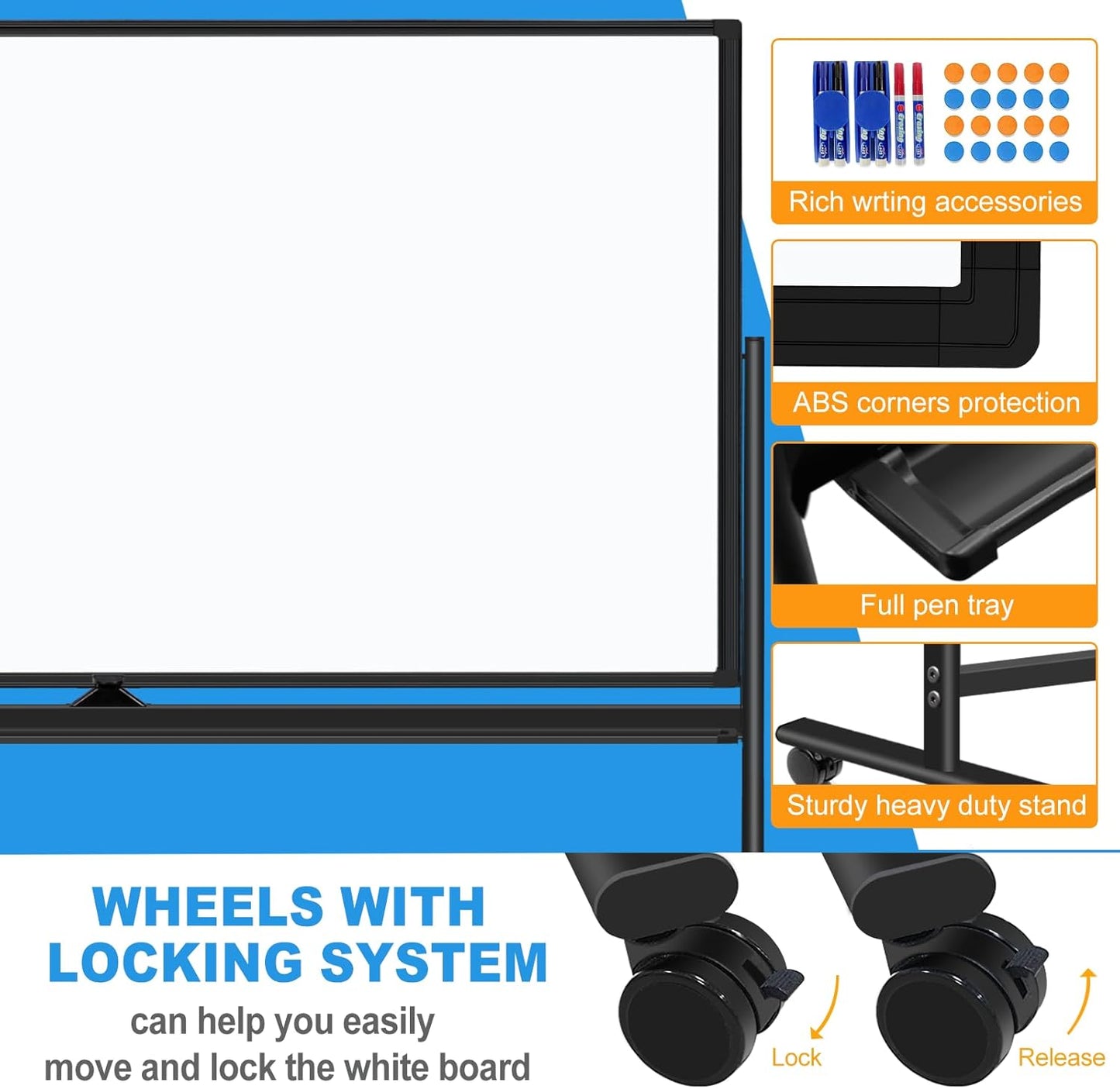 Rolling Whiteboard on Wheels 72"x48", Double-Sided Dry Erase Board with Stand, Big White Board with Stand Portable Magnetic Mobile White Board with 2 Eraser, 6 Markers, 20 Magnets