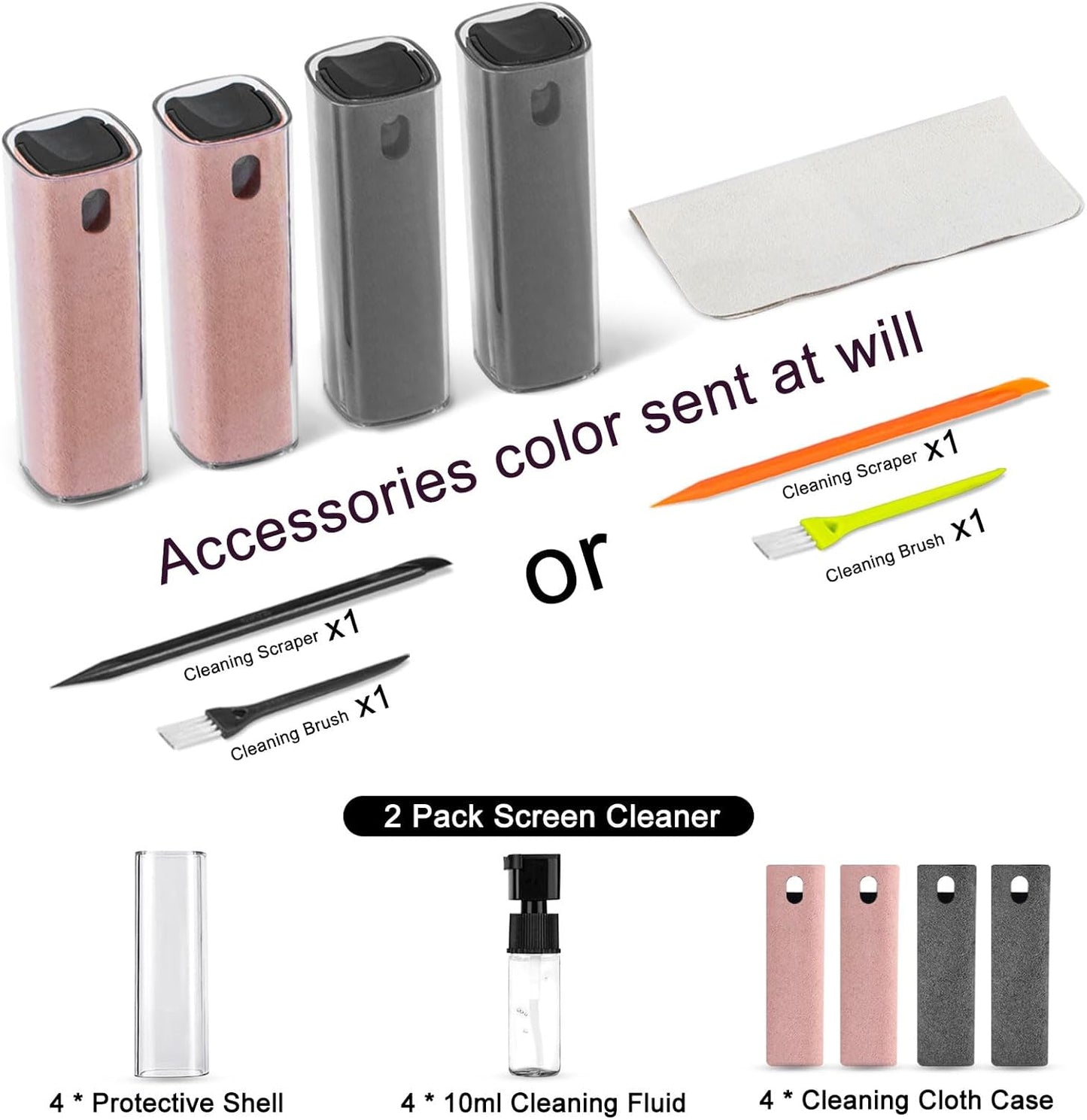 walrfid 4Pcs Car Screen Cleaner, Computer Screen Cleaner Spray and Wipe, Laptop Cleaner Kit for Cleaning iPad, iPhone, Cellphone, Monitor, Macbook Pro, Car Display, Electronic Device Screen, Grey Pink