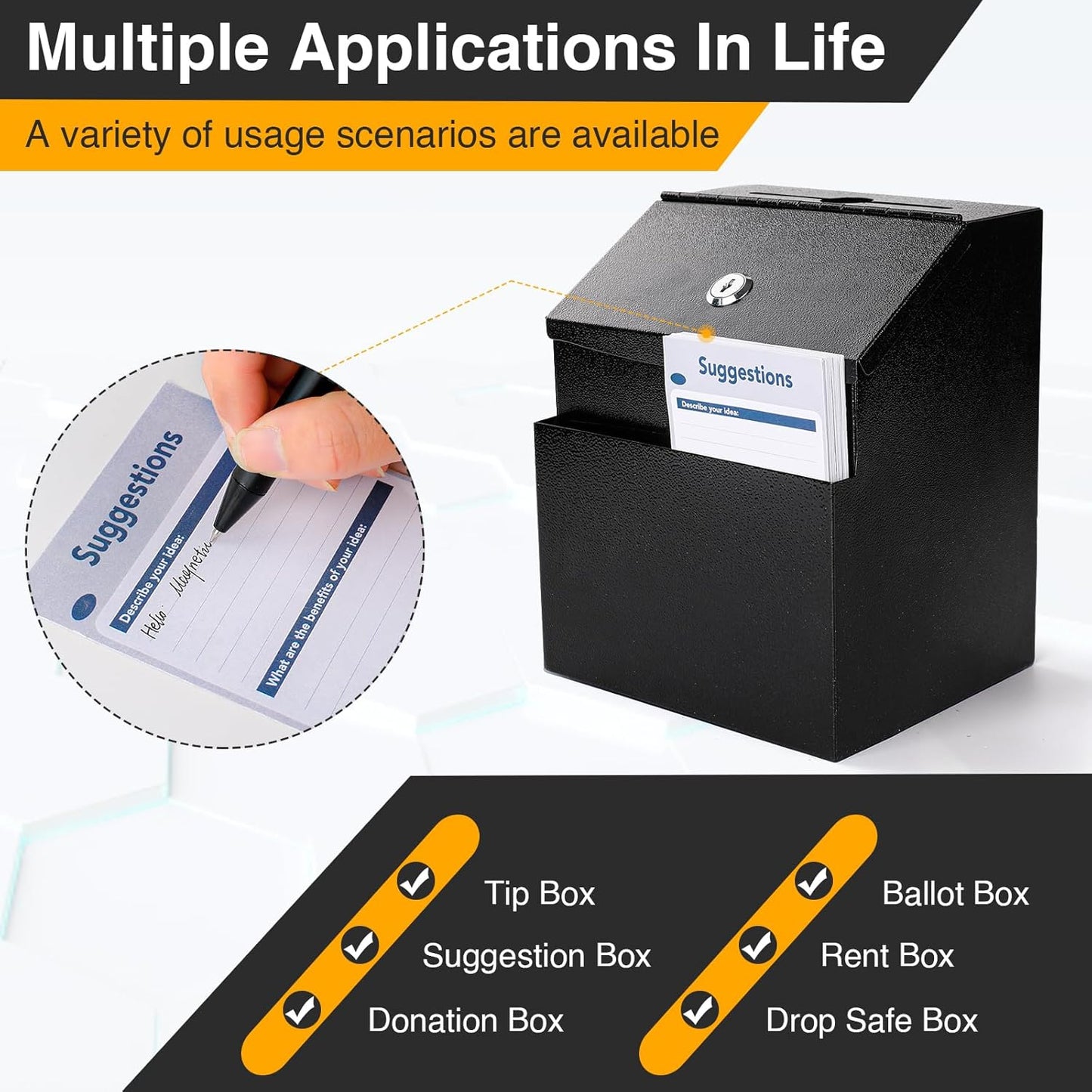 Suggestion Box with Slot and Lock Metal 8.4 x 5.8 x 7.0 inch Built-In Storage Compartment 50 Suggestion Cards Tip Jar Ballot Voting Prayer Comment Teacher Mailbox Booth Classroom Restaurant