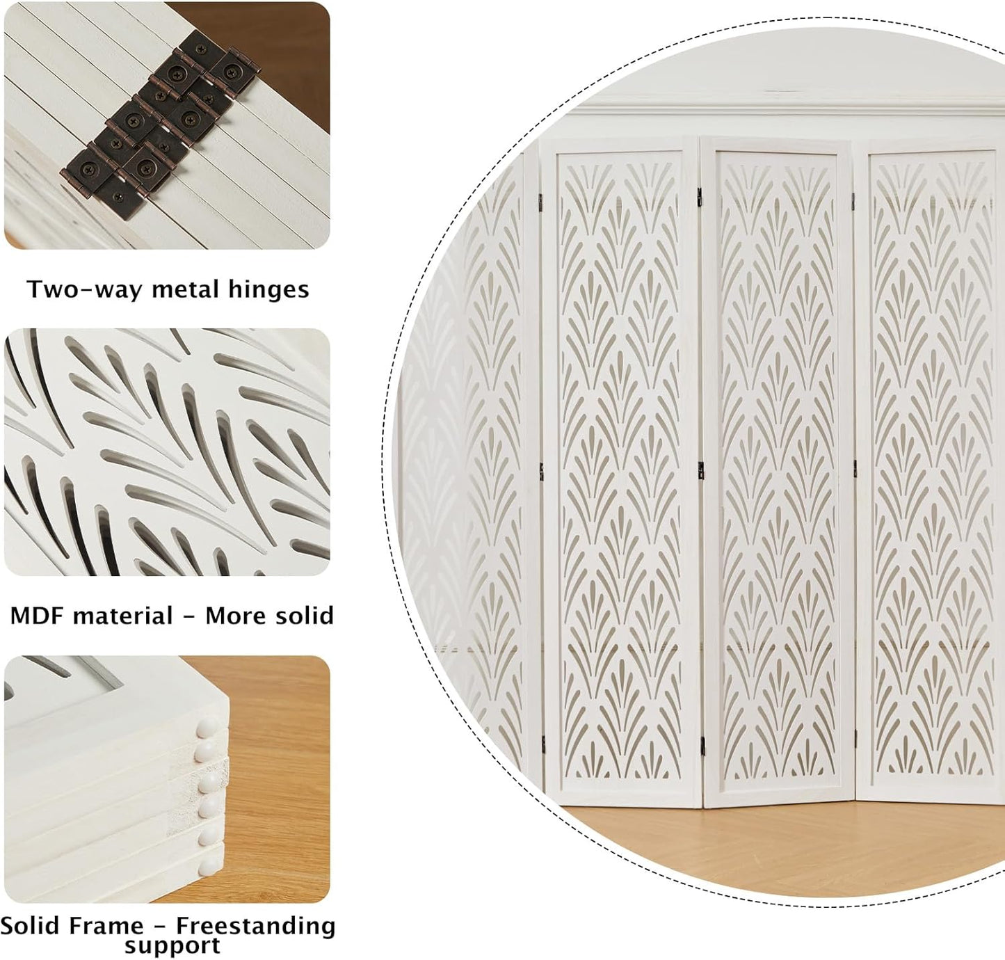 5.6Ft Room Divider Folding Wood Simple Carved Partition Screen for Home Office Garden - 6 Panels (White)