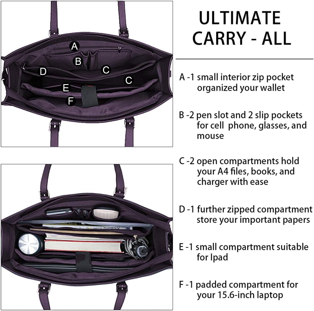 Laptop Bag for Women Waterproof Lightweight Leather 15.6 Inch Computer Tote Bag Business Office Briefcase Large Capacity Handbag Shoulder Bag Professional Office Work Bag Dark Purple