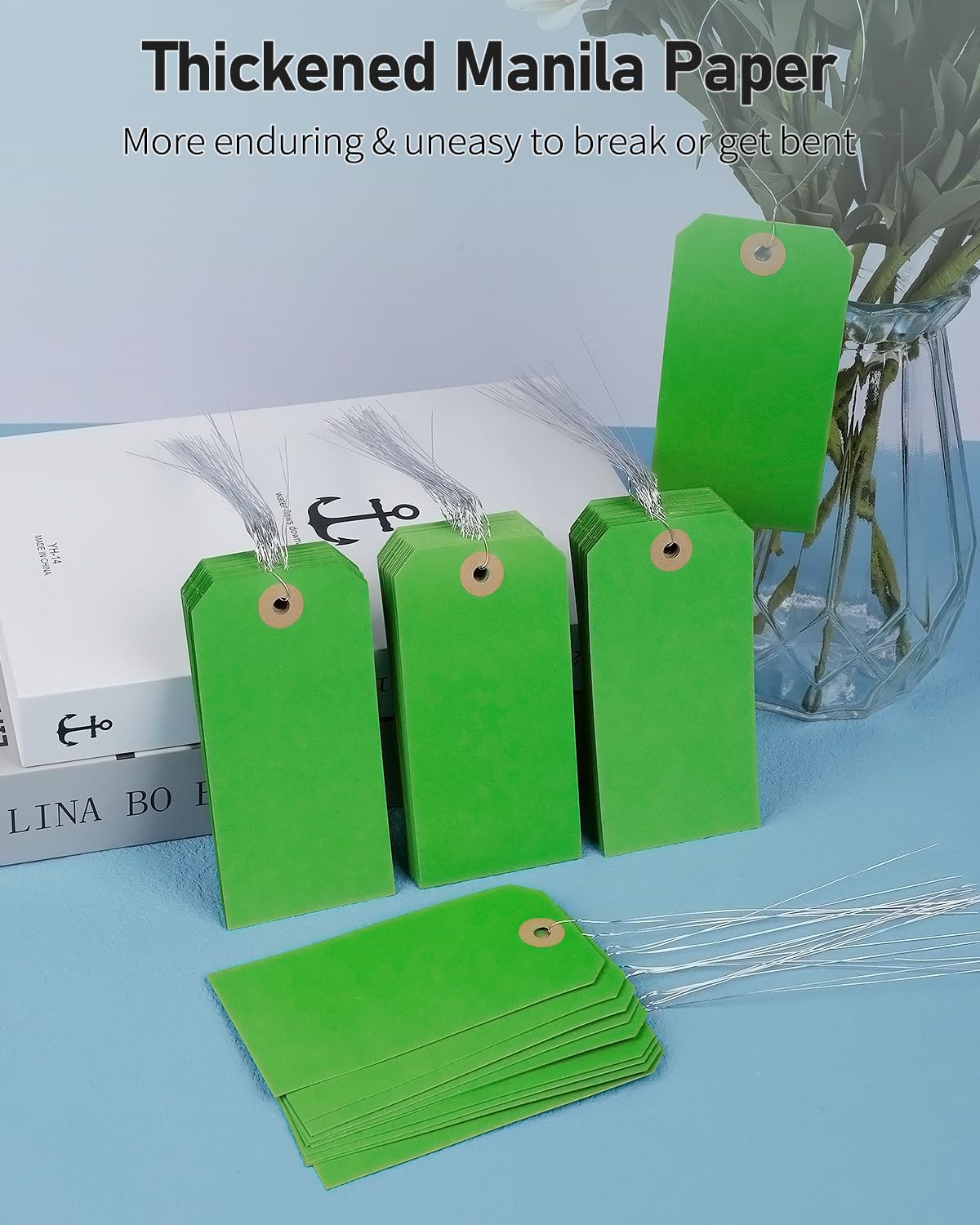 Uniclife 100 Pcs Green Blank Shipping Tags with Wire Attached 4.7 Inch Paper Tags Hang Tag with Reinforced Eyelet Large Marking Label Writable Price Tags Inventory Label Tag, 4.7" x 2.36"