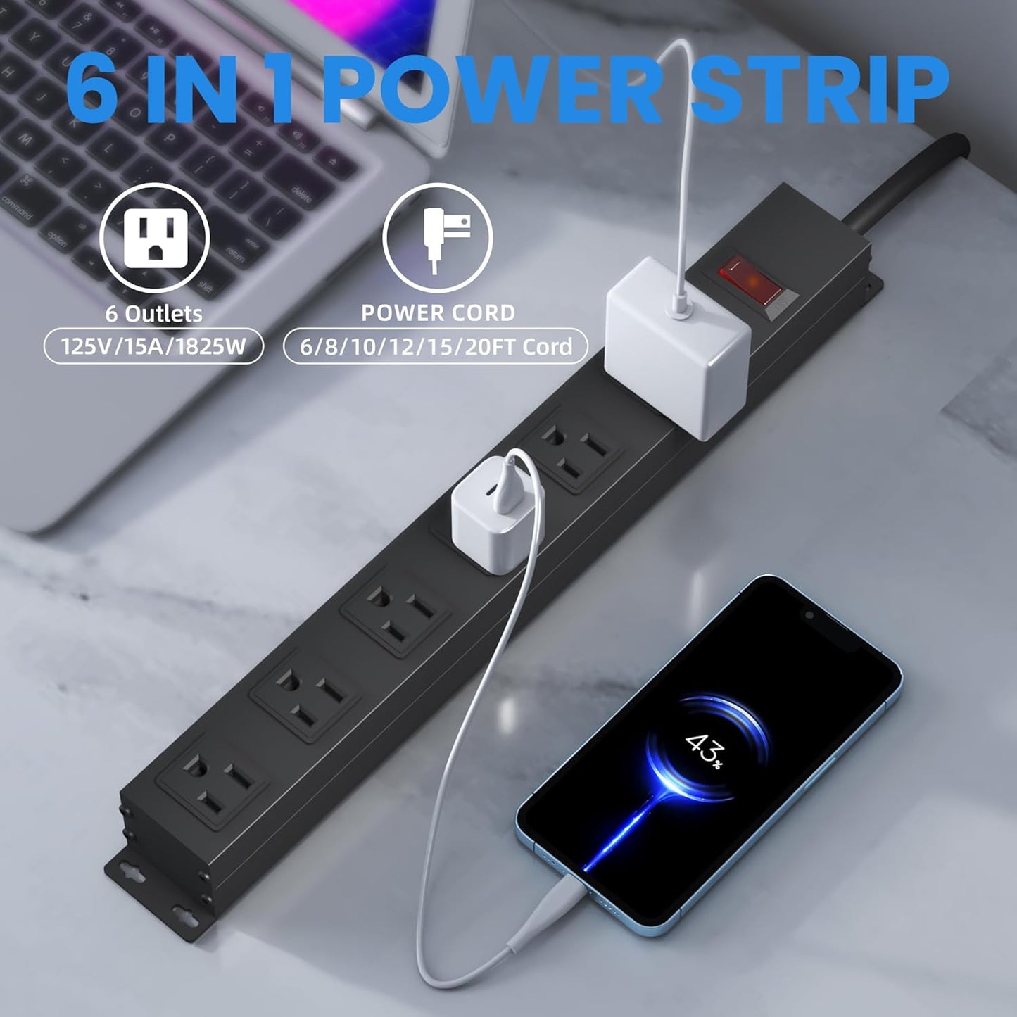 Power Strip with 6AC Outlets Wide Spaced and 14AWG Power Cord,Wall Mount Outlet Power Strip Heavy Duty for Commercial, Industrial, School and Home with Switch,15A 125V 1875W,Black (12FT)