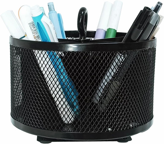 SETTFRFE Metal Mesh Desk Organizer,360°Rotating Pen Holder, Black Pencil Container with 6 Compartments, Office Supplies Organizer for Students, Home, Workspace