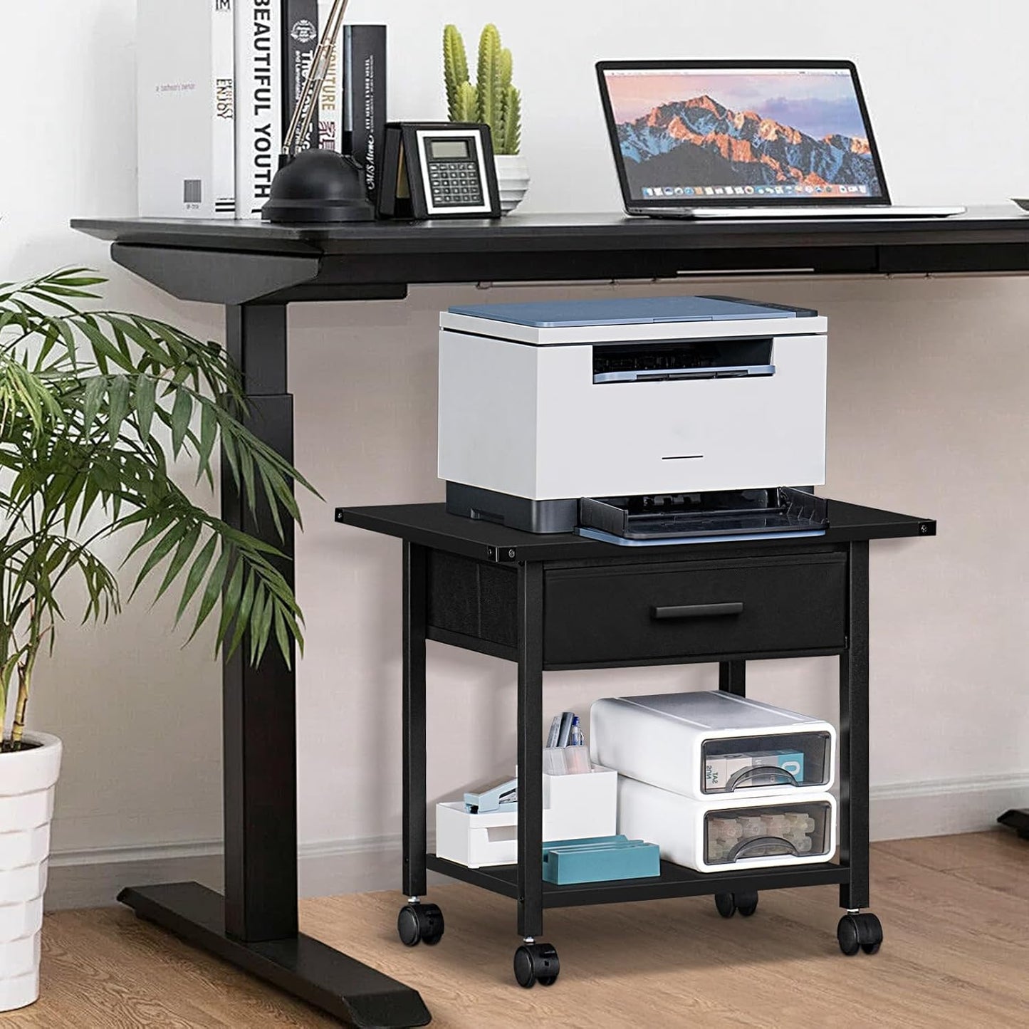 Lerliuo Under Desk Rolling Printer Stand with Drawer, 2-Tier Industrial Mobile Printer Table Desk with Storage Shelf and Steel Frame, Printer Cart Holder with Lockable Wheels for Home, Office (Black)