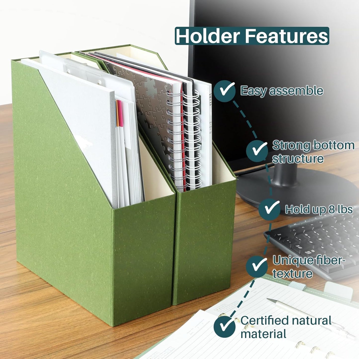 Magazine Holder - File Holder and Desk Organizer, Paperboard Book Organizer and Storage Box for Documents, Magazine Holder Rack for Classroom, Home, and Office (Leaf Green, 2-Pack)