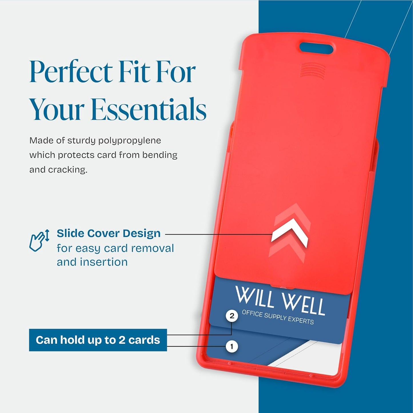 Will Well Vertical Sliding Badge Holder for Lanyards - Hard ABS Plastic 4.13" x 3.3" Protector Fits Up to 2 Standard-Sized Cards, Lightweight Secure Quick-Access Slide Cover Design - 6-Pack, Red