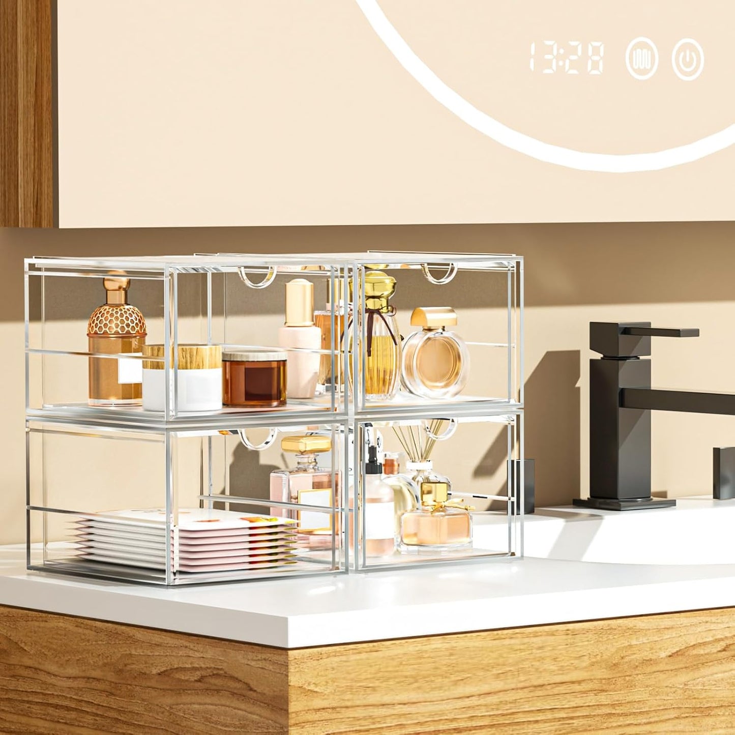 Acrylic Makeup Organizer, 4 Pack Drawer Organizer - Transparent Desktop Storage for Cosmetics, Office Supplies & More - Clear Organizer for Home & Office Use