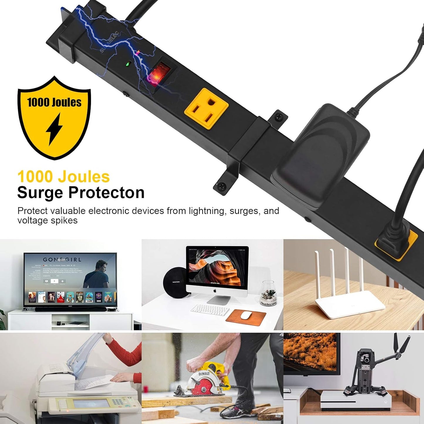 SURAIELEC 10 Outlet Long Power Strip Surge Protector, Industrial Heavy Duty Metal Shop Power Strip with Flat Plug, 1000 Joules, 15 AMP Breaker, 6FT Cord, Wall Mountable, for Work Bench, Shop, Garage