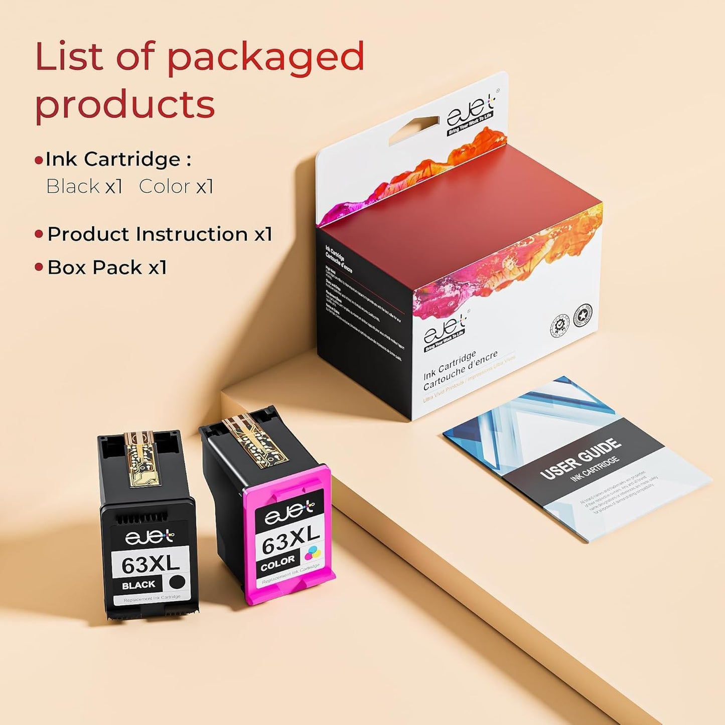 ejet 63XL Ink Cartridge Combo Pack Replacement for HP 63 Ink 63XL Ink Cartridges Black and Color for OfficeJet 3830 4650 5255 5258 4655 4652 3833 Envy 4520 4512 DeskJet 1112 3630 (1 Black,1 Tri-Color)