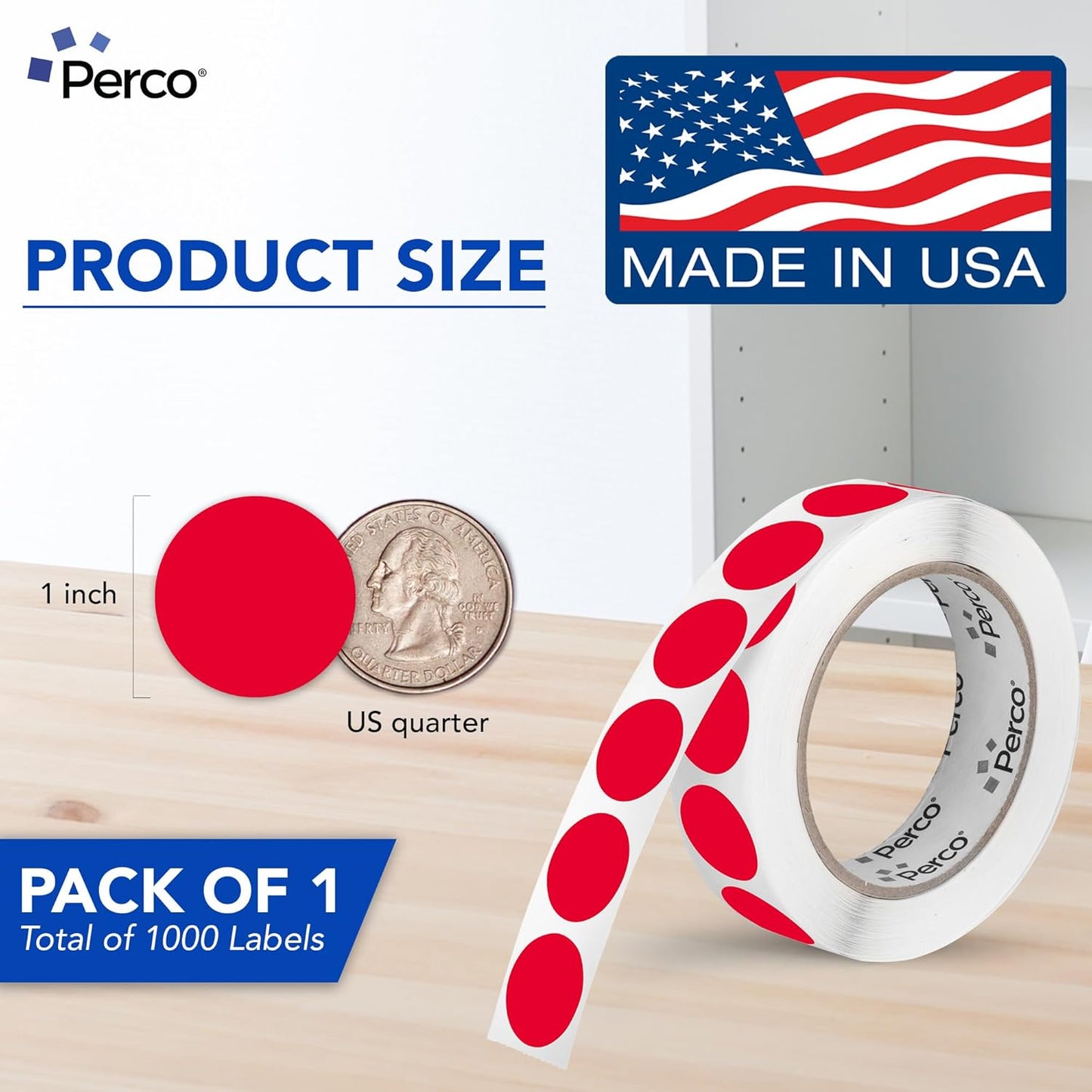Perco Red 1-Inch Round Circle Dot Sticker Labels with Easy Peel Perforation - 1,000 Labels per Roll - Strong Adhesion, Vibrant Colors for Organizing, Crafting & More - Made in USA