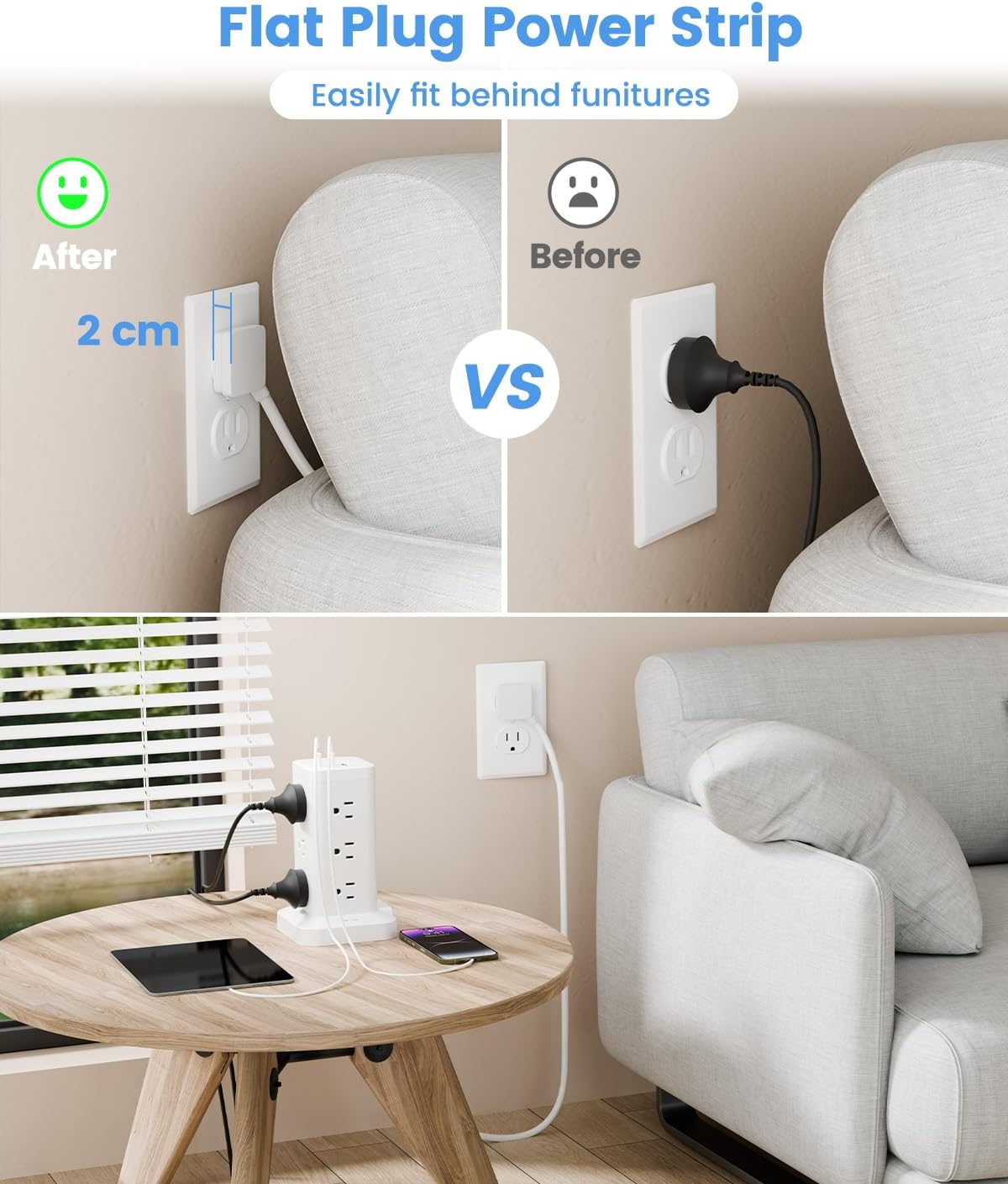 15-in-1 Power Strip Tower with Surge Protector 1800J, Fast Charging Tower PD20W USB-C Ports with 12 AC Outlets, 9.8ft Extension Cord for Home Office Dorm Room, White