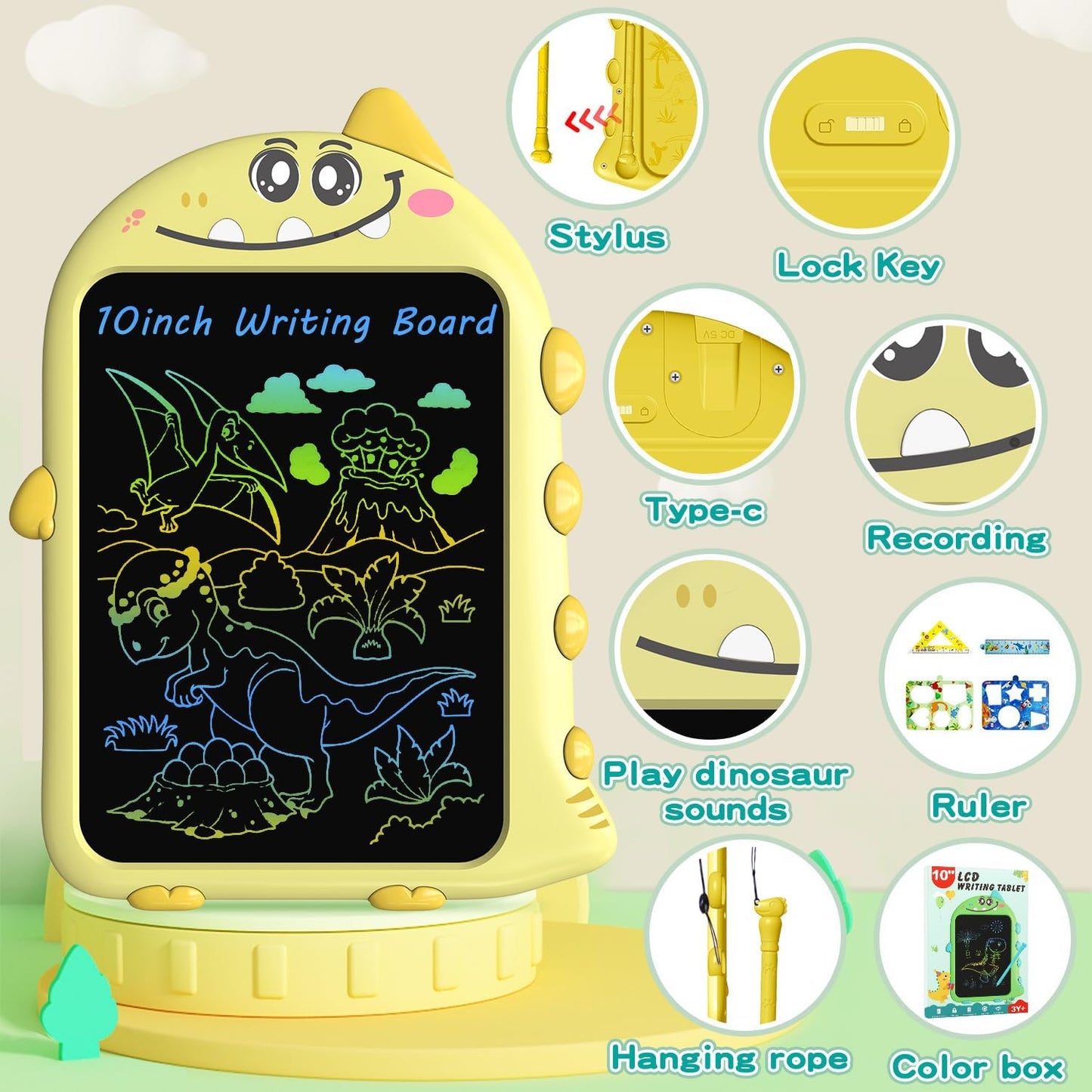 10inch LCD Writing Tablet with Record, Dino Sounds, Type-C Rechargeable,Doodle Board Toddler Learning Toys for 2-6 Kids Christmas Birthday Gift for Quiet Play in Hotel, Airplanes...