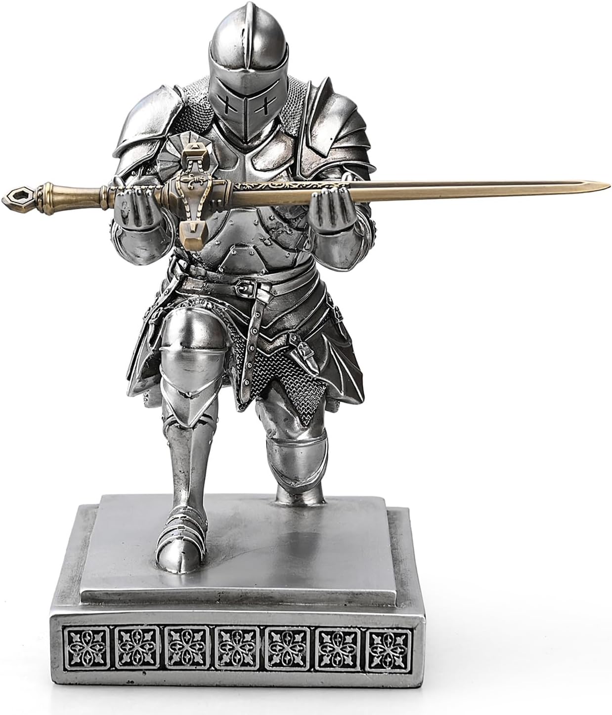 Medieval Armored Warrior Knight Pen Holder Desk Organizers and Accessories Resin Pencil Holder Paperweight as Gift with a Cool Letter Opener for Desk (Silver)