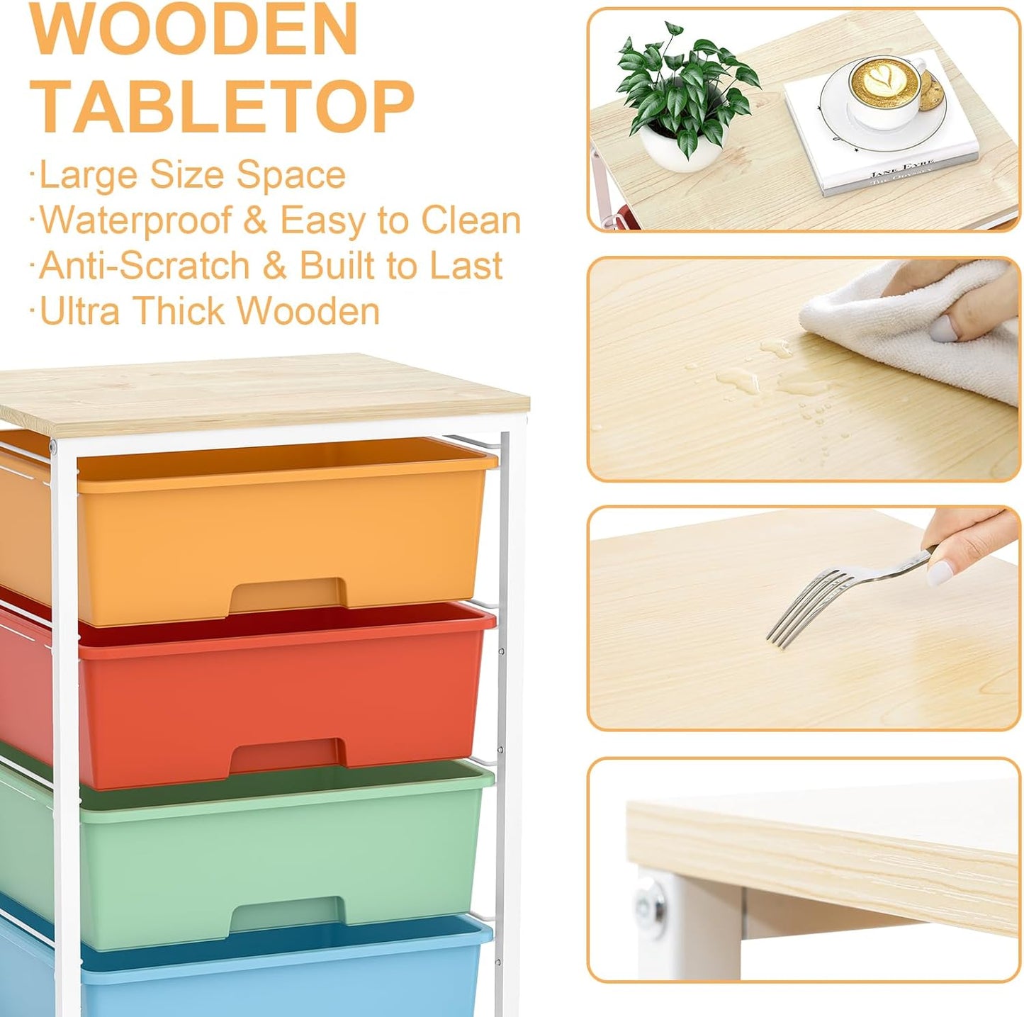 Utility-Rolling-Storage-Drawer-Craft-Cart-Organizer with 4 Drawers and Wooden Tabletop & Lockable Wheels for Home Office, Bedroom, Kids Room, Classroom, 4 Tiers Under Desk Drawer Cart, Macaron