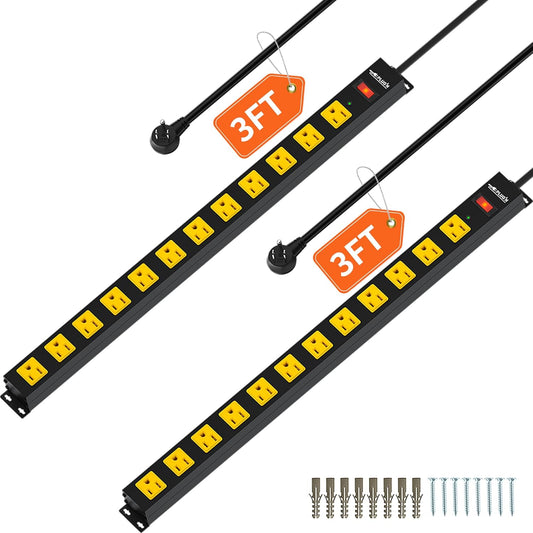 12 Outlet Long Power Strip, 3FT Power Cord, 2100 Joules Surge Protector, Wide Spaced Outlet Power Bar, Overload Protection Switch, Industrial Heavy Duty for Work Bench, Shop, Garage, 2 Pack