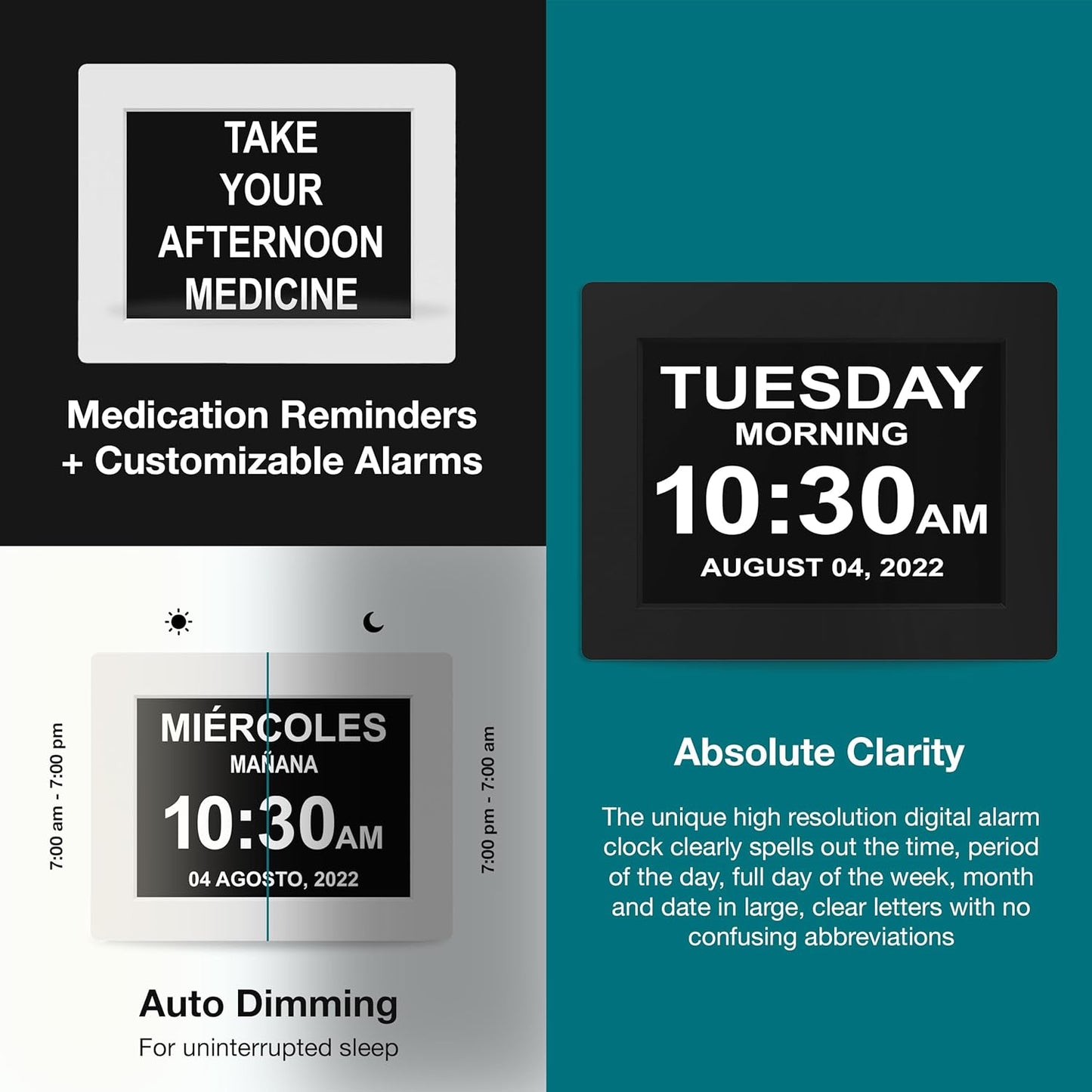 American Lifetime New 2025 Dementia Clock Large Digital Clock for Seniors, Alzheimer Clock Large Display with Custom Alarms, Clock with Day & Date for Elderly, Big Number Digital Calendar Black