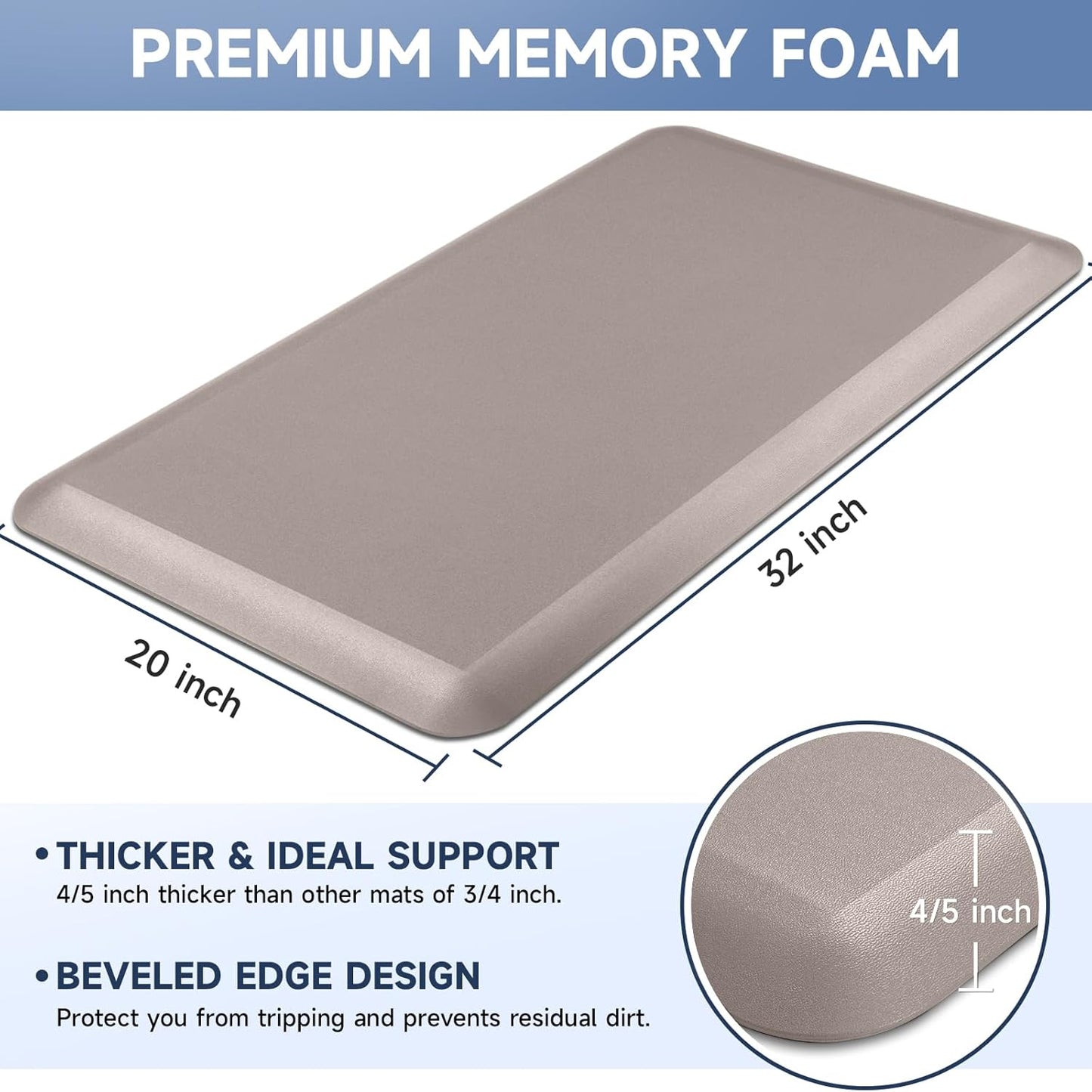 4/5 Inch Thick Kitchen Mats for Floor, StepRite Kitchen Rug for Standing Desk, Non-Slip, Thicker, Stain Resistant, Waterproof, Comfort Anti Fatigue Floor Mat for Home, Kitchen, Office - Khaki,32*20''