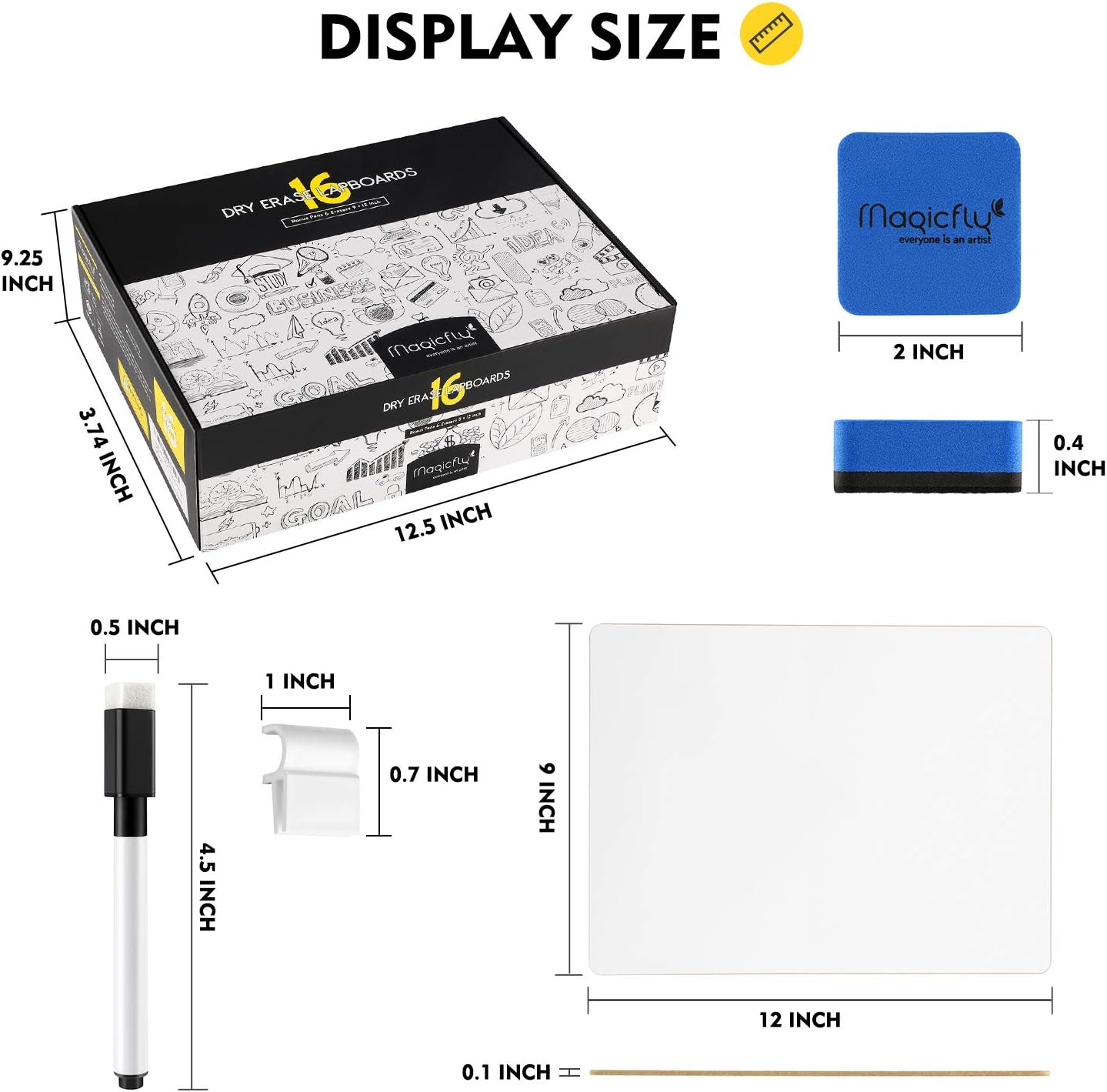 Magicfly Double-Sided Small White Board for Classroom, 9 x 12 Inches Dry Erase Lap Boards, Bulk Pack of 16 Mini White Board for Student, Teachers, Office, with 16 Pens, 16 Erasers & 16 Pen Clips
