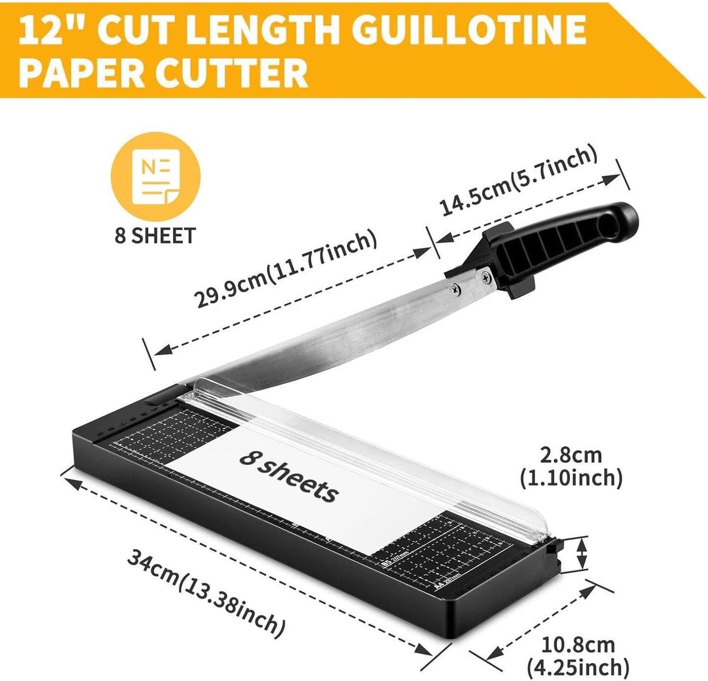 MAKEASY Paper Cutter 12 Inch, 8 Sheet Capacity, Heavy Duty Paper Cutter for Cardstock, Guillotine Paper Trimmer for Crafting, Classroom and Office
