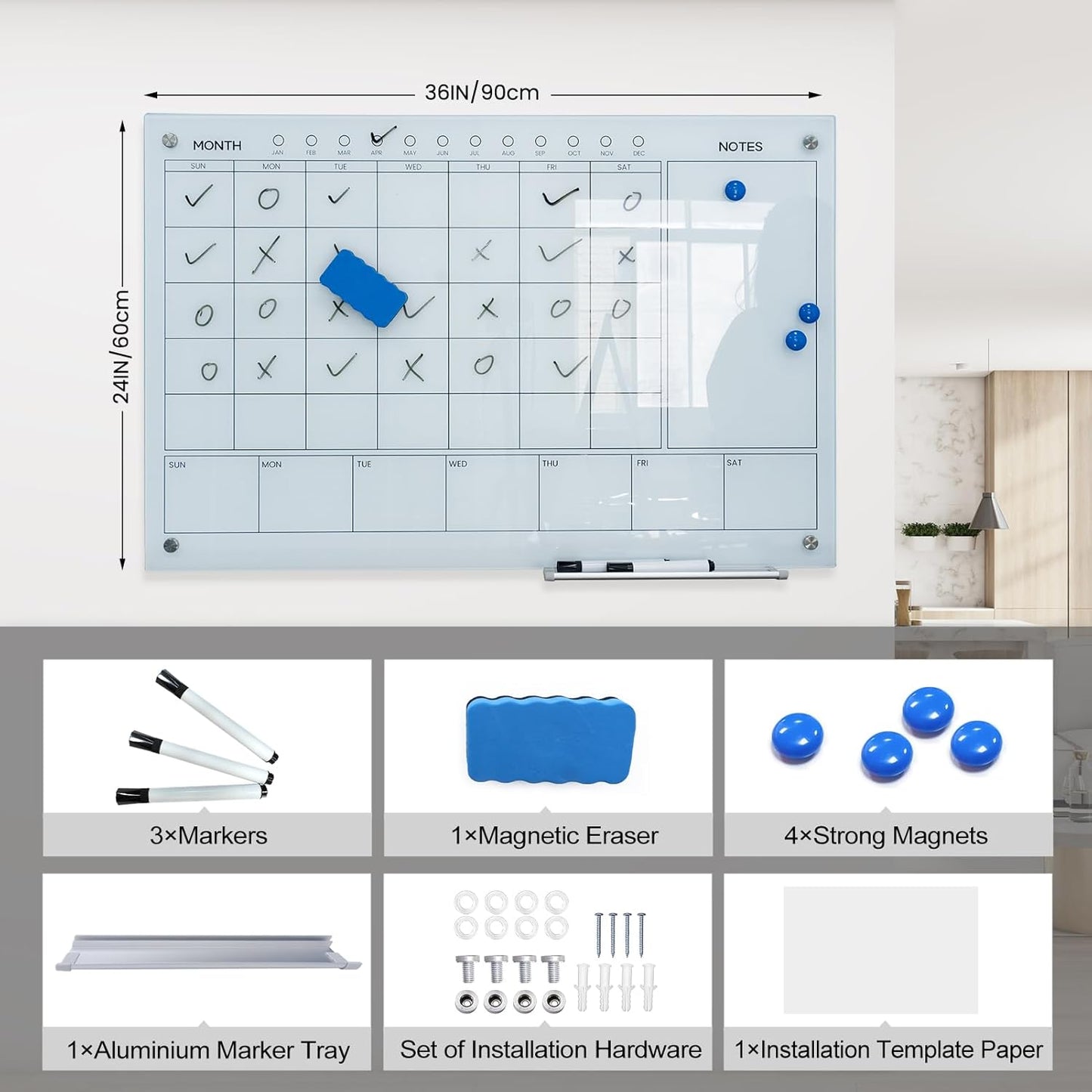 Magnetic Glass Whiteboard 36X24 Monthly Planner Calendar Dry Erase Board for Home, School, Office, Frameless, with Markers, Marker Tray, Eraser, Magnets (White)