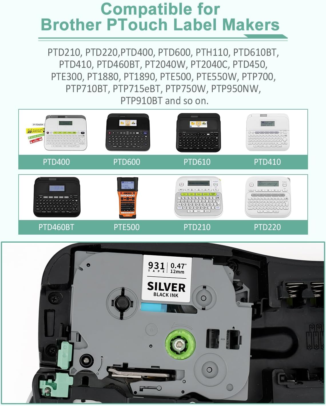 6-Pack 12mm 0.47" Laminated Multi-Color Label Tape Compatible for Brother Tze-931 Tze-831 Tze-233 Tze-334 Tze-335 P Touch Tape Tze Tz 12mm 0.47" Color for PTH110 PTD220 PTD210 PTD400 PTD610BT