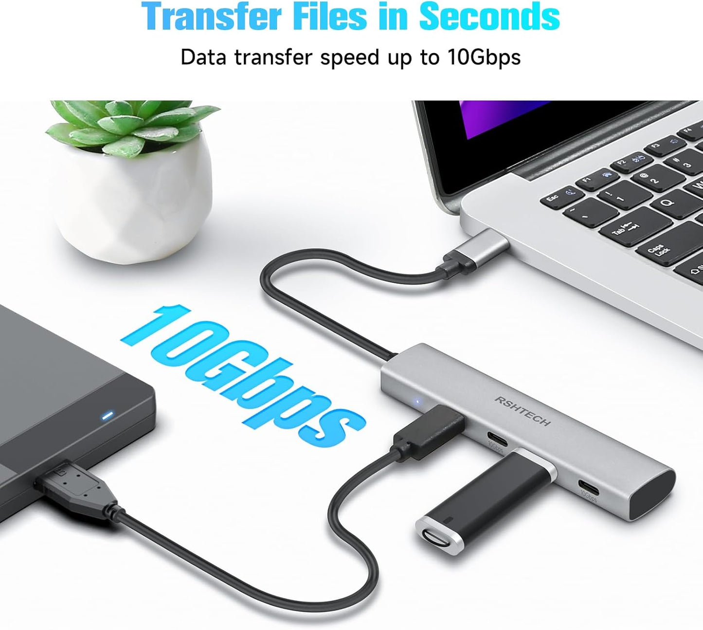 USB C Hub 10Gbps RSHTECH 4-Port USB C to USB-C 3.2 Gen 2 Dongle, Portable USB C Multiport Adapter for Thunderbolt/Type C Laptop and More, Gray (RX04)