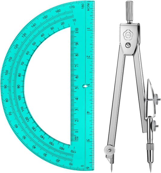 EBOOT Student Geometry Math Set, Drawing Compass and 6 Inch Swing Arm Protractor 180 Degree Math Protractor(Turquoise)