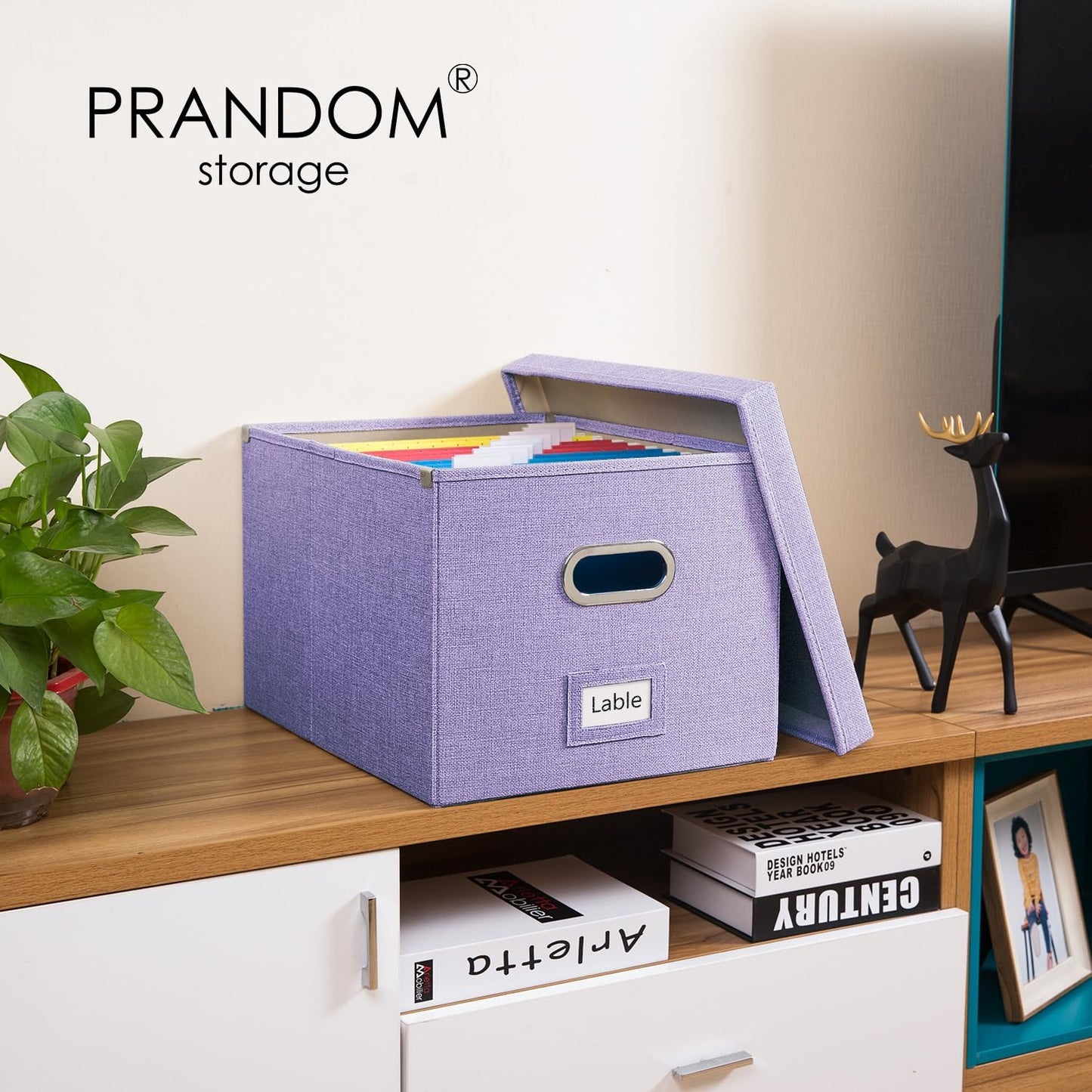 PRANDOM File Organizer Box - Set of 1 Collapsible Decorative Linen Filing Storage Hanging File Folders with Lids Office Cabinet Letter/Legal Purple (17x14x11.2 inch)
