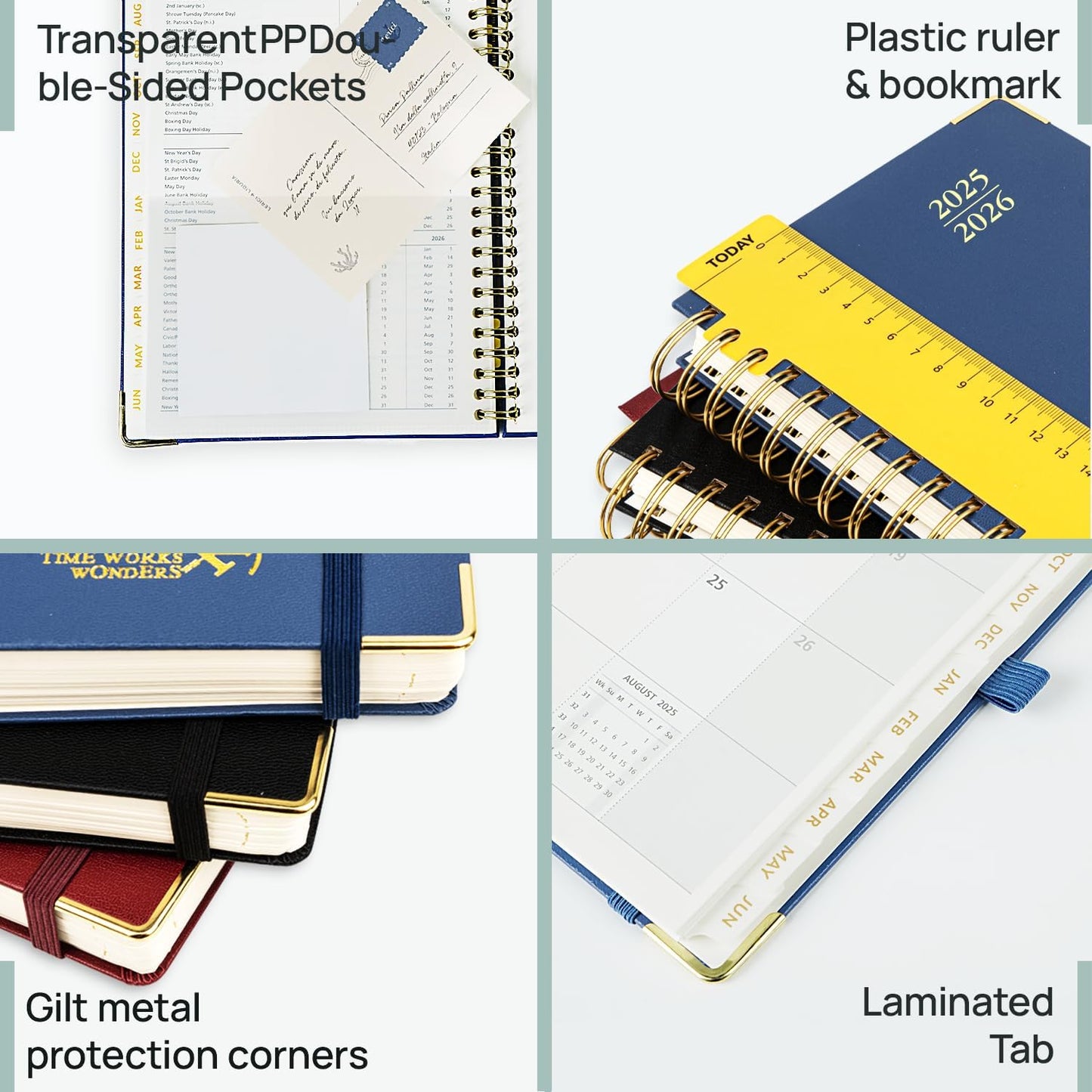 POPRUN Monthly Planner 2025-2026 Spiral Hardcover (8'' x 10''), 18 Months Calendar (Jul.2025 - Dec.2026)- 2 Pages per Month with Dotted Note Pages, Sunday Start, Laminated Tab - Navy Blue