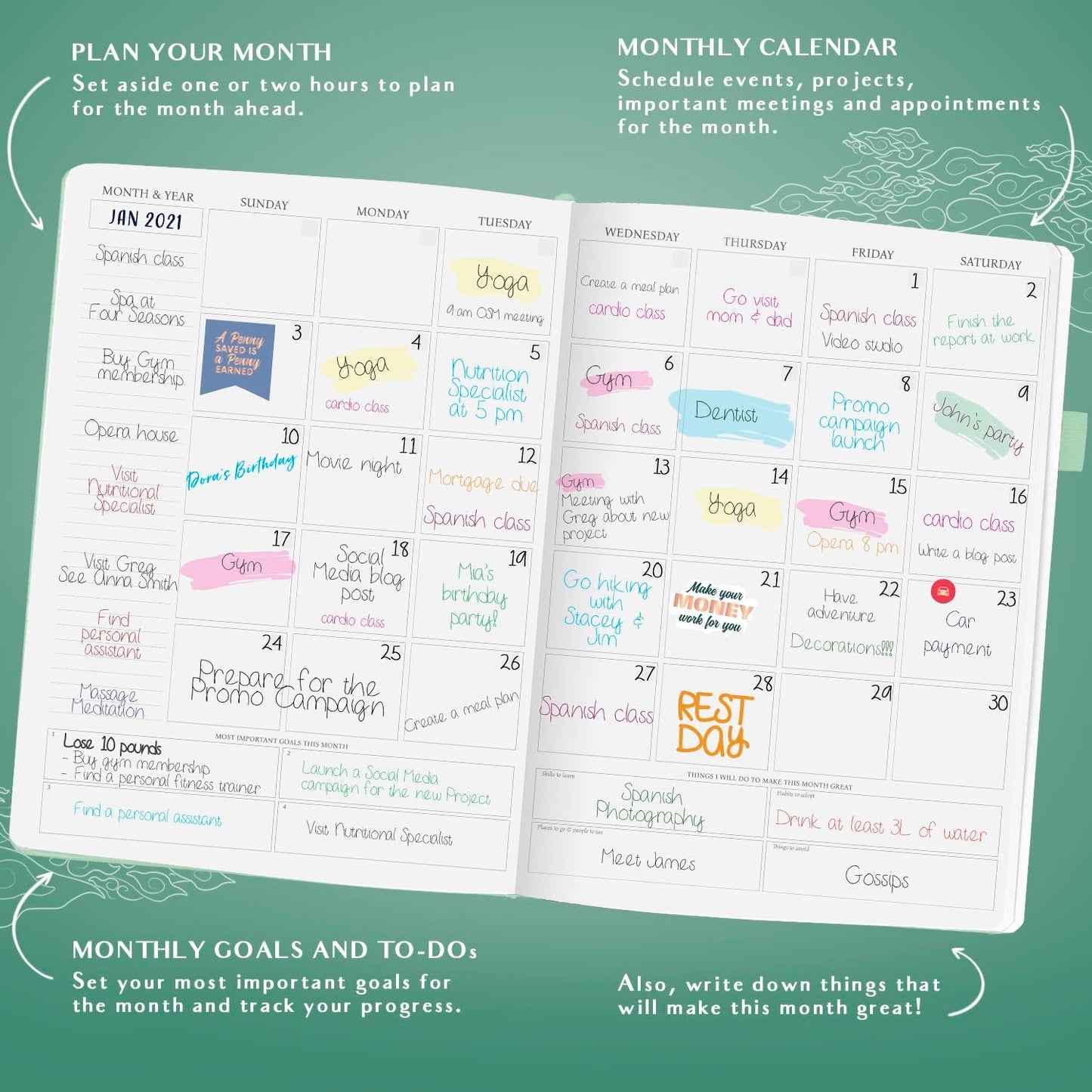 Legend Planner PRO Hourly Schedule - Weekly & Daily Organizer with Time Slots. Appointment Book Journal for Work & Personal, A4 (Aquamarine)
