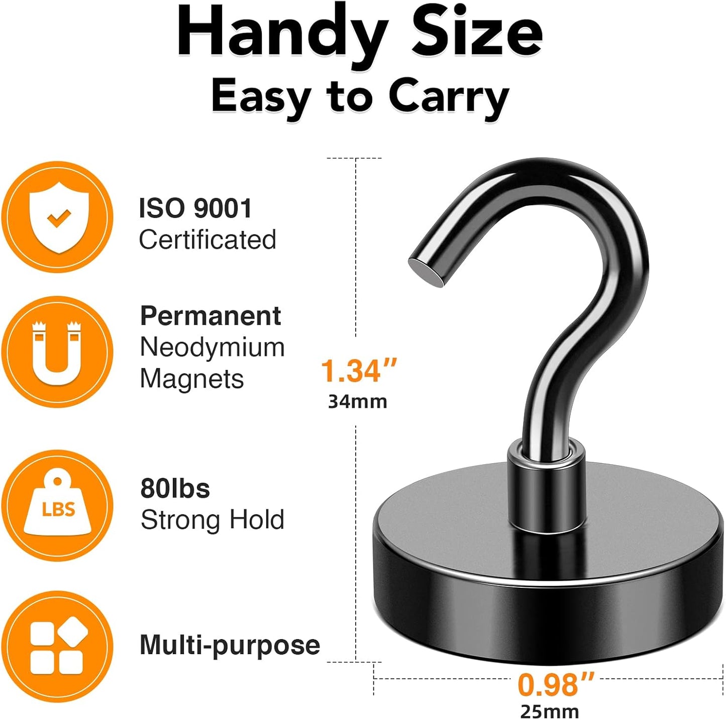 MIKEDE Magnetic Hooks, 80LB+ Strong Magnets Hooks Heavy Duty, Black Magnetic Hooks Fridge Magnets Neodymium with Hooks, Garage Hooks for Cruise, Classroom, Home, Kitchen - 6 Pack