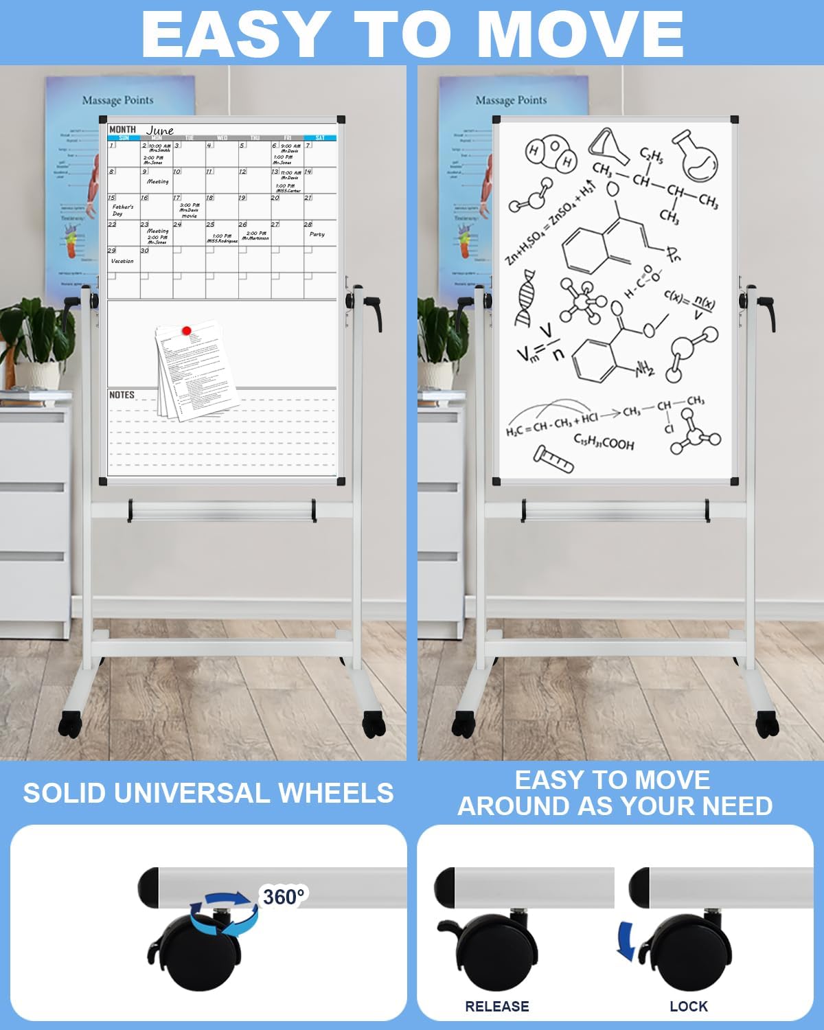 XBoard Rolling Moblie Whiteboard, 44x30 inches Double Sided Magnetic Dry Erase Board with Stand for Homeschool, Live Stream, Office, School (Calendar 44x30-Inch)