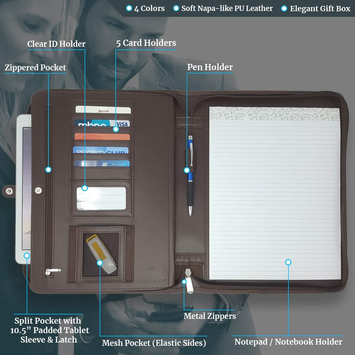 Dark Brown Zippered Portfolio Binder - PU Leather Business Portfolio Organizer - Padfolio for Men & Women with US Letter Notepad, 10.5 Inch Tablet Pocket & Gift Box by Lautus Designs